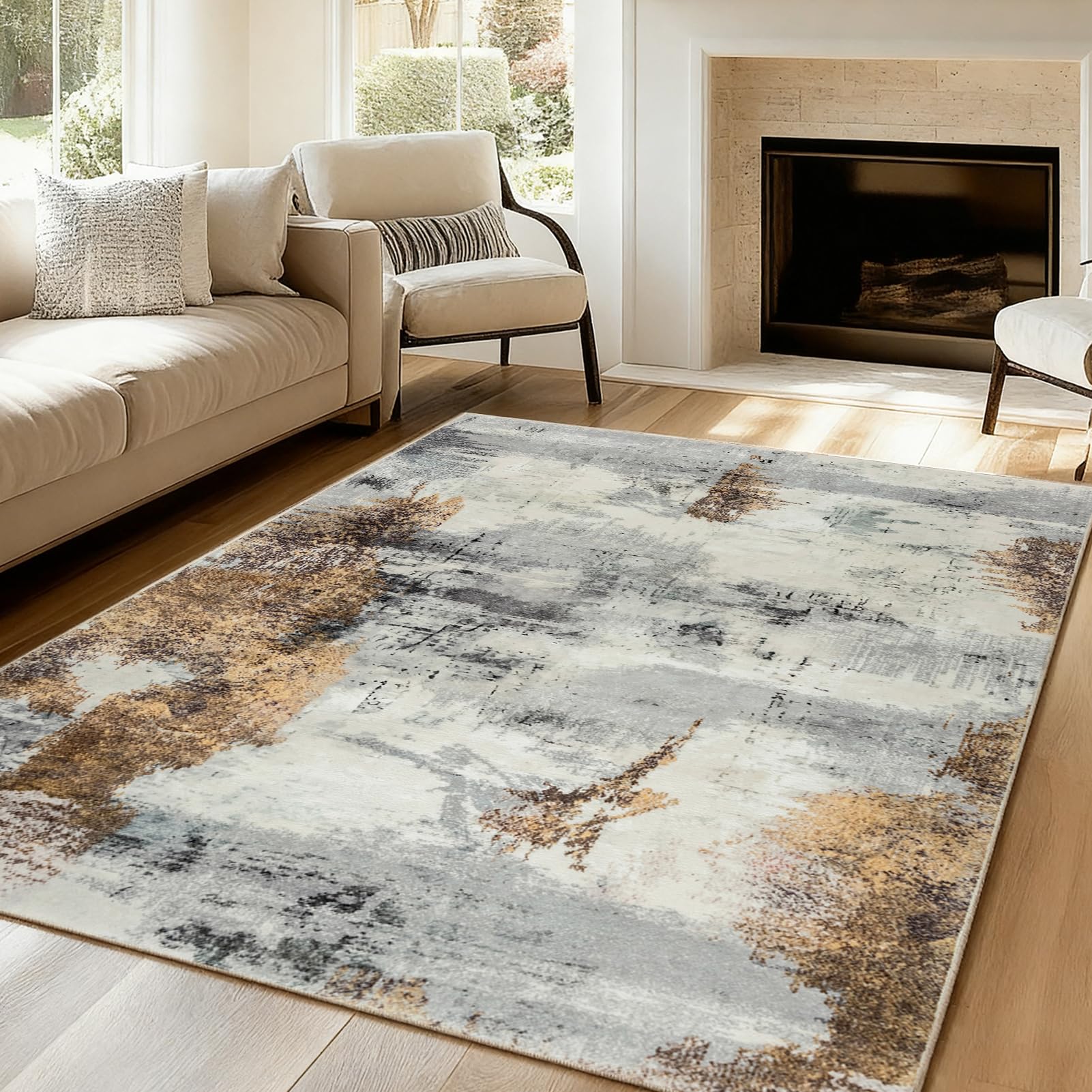 VK·LIVING Tappeti per il Soggiorno Aggiornati 14.5mm Spugna Spessa Tappeto | Astratto Moderno Antiscivolo Tappeto a pelo Medio per Soggiorno Camera da letto Ufficio Grigio oro 160X230CM