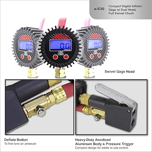 Miniatura 6 de Milton S-530 Inflador de neumáticos digital compacto con manómetro, 255 PSI, mandril de aire de doble cabezal, manguera de 15 ", dial de 2.5",