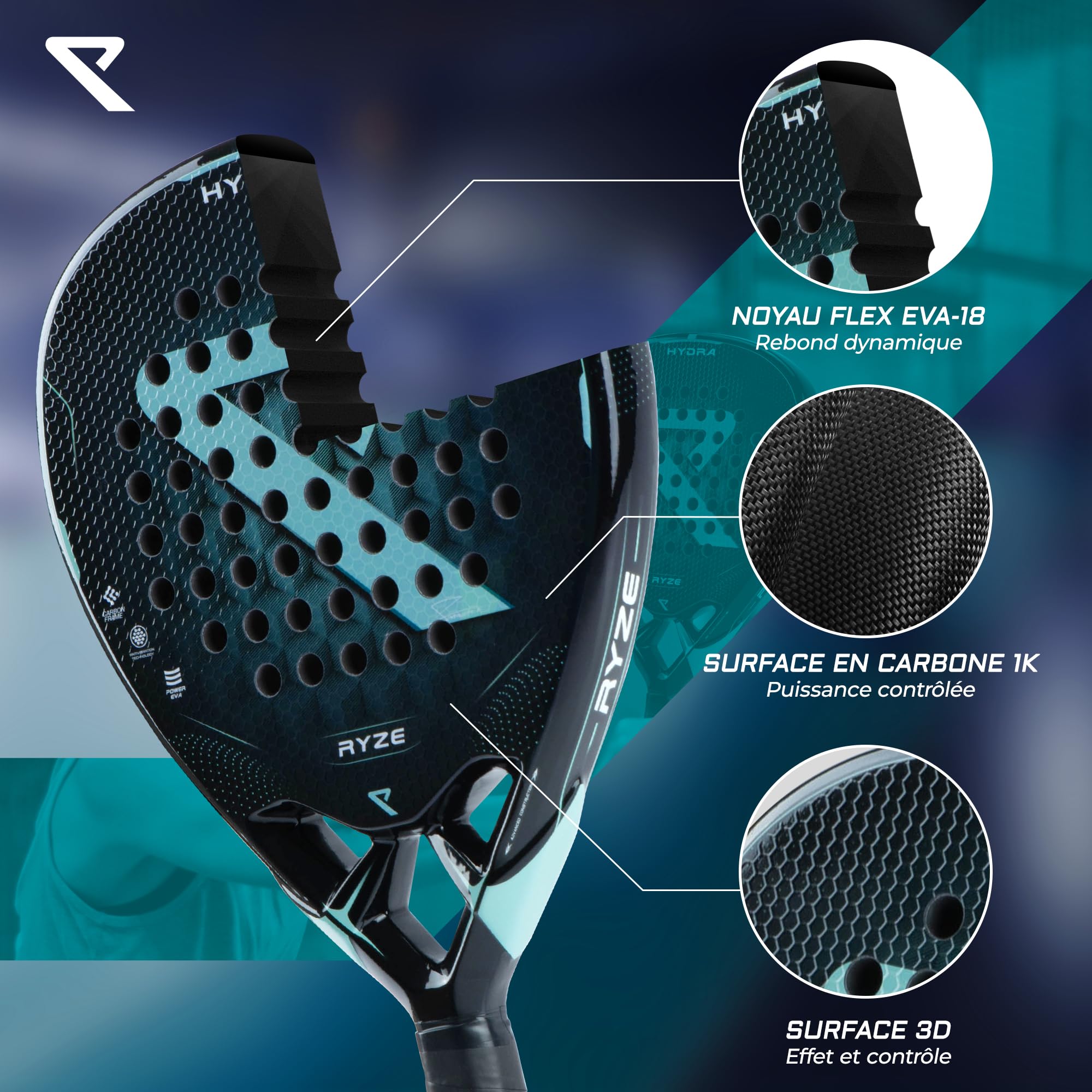RYZE Hydra Raquette de Padel 100% Fibre de Carbone - Puissance + Contrôle Maximum - Padel Raquette avec EVA-18 Flex Max - Structure Légère 365g - Raquette de Padel pour Homme et Femme - Housse Inclus