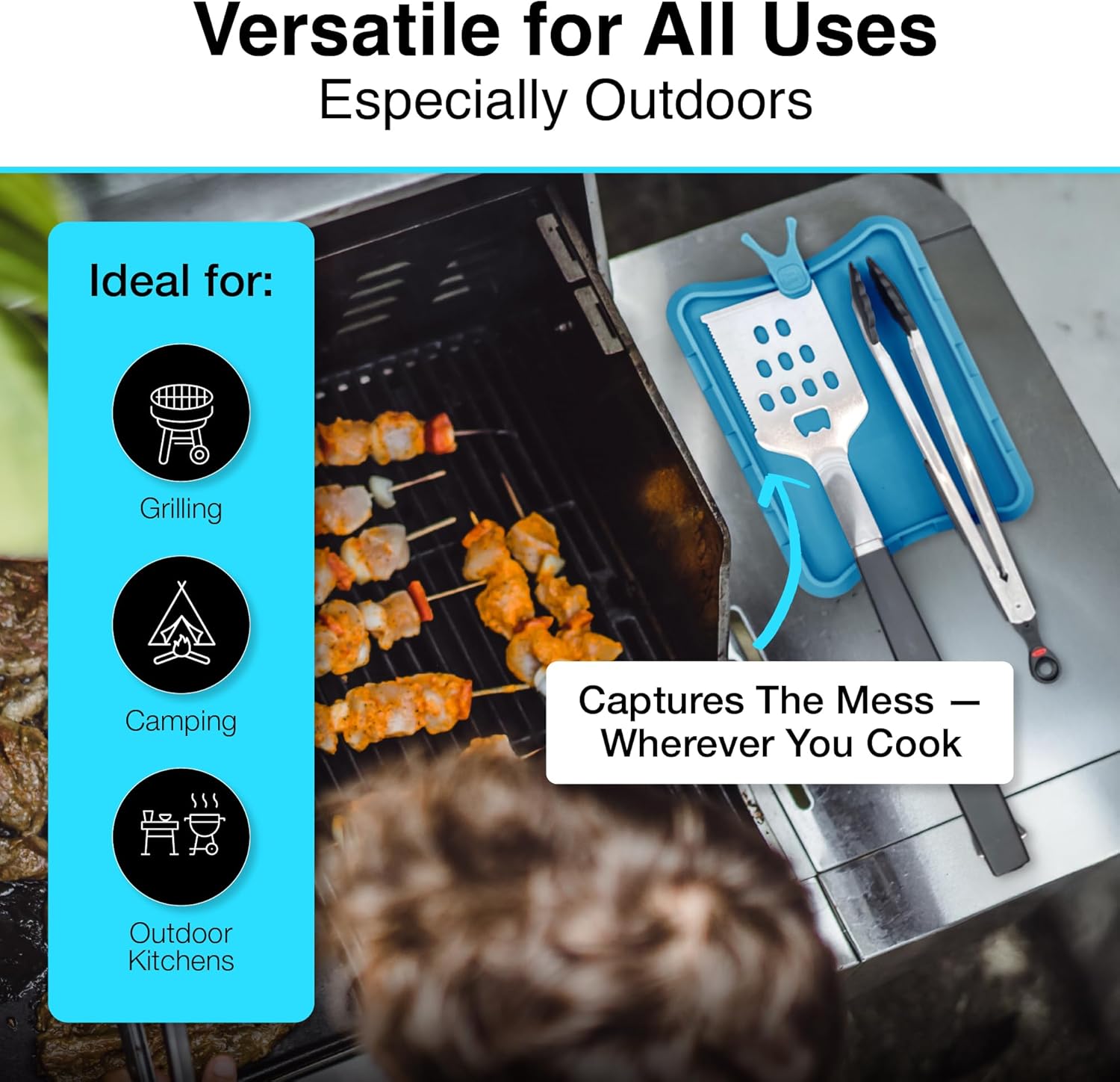 Nottadrip Silicone Spoon Rest for Stove Top - Kitchen Spoon Rest for Countertop, Ladle Holder, All in 1 Serving Station, Elevate Handles, Drip to Tray, Mess Free - 3PC Set No Trivet - Blue