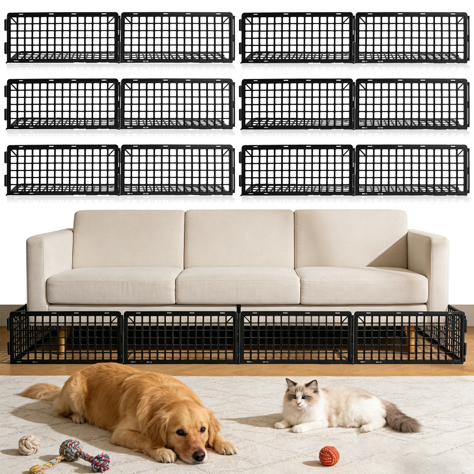 12 Pcs Under Sofa Blocker for Pets, Adjustable Toy Blockers for Under Bed Furniture with 20 Ties, Plastic Gap Barrier Stopper Under Couch Blocker for Prevent Dogs Cats from Going Under Bad