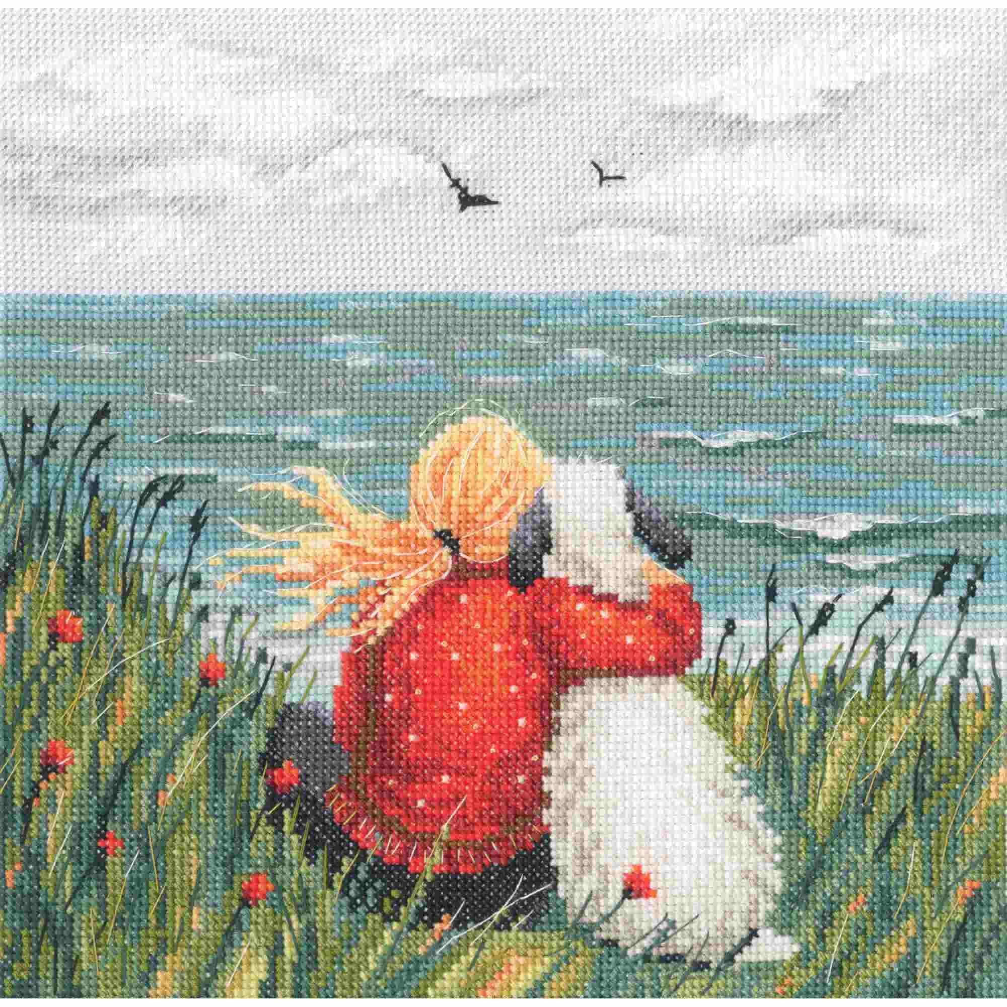Rto Girls White Counted Cross Stitch Kit And Dog By The Sea M1103, Zweigart 14Ct Aida, Mouline Threads, Embroidery For Adults