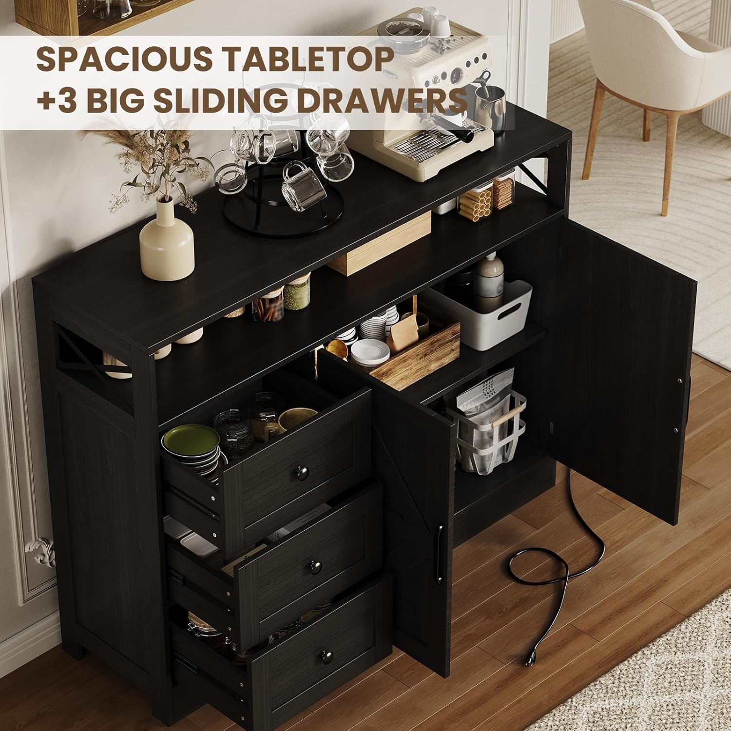 PeakPursuit Modern Farmhouse Sideboard with Built-in Outlet, 3 Drawers & Barn Doors - Black Storage Buffet Cabinet with Adjustable Shelf, for Living Room, Kitchen, Dining Room As TV Stand, Coffee Bar