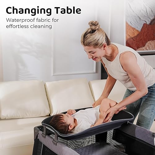 Miniatura 5 de Pamo Babe Centro de guardería portátil para bebés cuna plegable con cambiador y ruedas gris Azul marino, forro polar verde con licencia oficial de