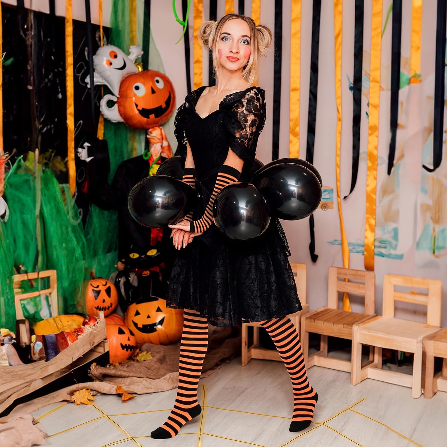 Geyoga Arm Warmers Leg Warmers Striped Thigh High Socks Fingerless Gloves Stockings Christmas Halloween - Image 6