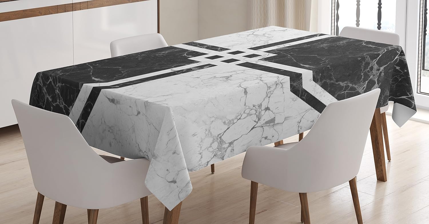 Ambesonne Marble Tablecloth, Parallel Vintage Bands Motif with Geometric Shapes on Murky Background Print, Rectangular Table Cover for Dining Room Kitchen Decor, 52" X 70", Black Pearl 52" X 70" Black Pearl