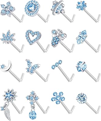 16Pcs 20G Nose Rings Studs Stainless Steel L Shaped Nose Stud CZ Butterfly Planet Star Leaf Bee Moon Heart Flower Dangle Piercing Jewelry for Women Men Pink/White/Blue/Clear