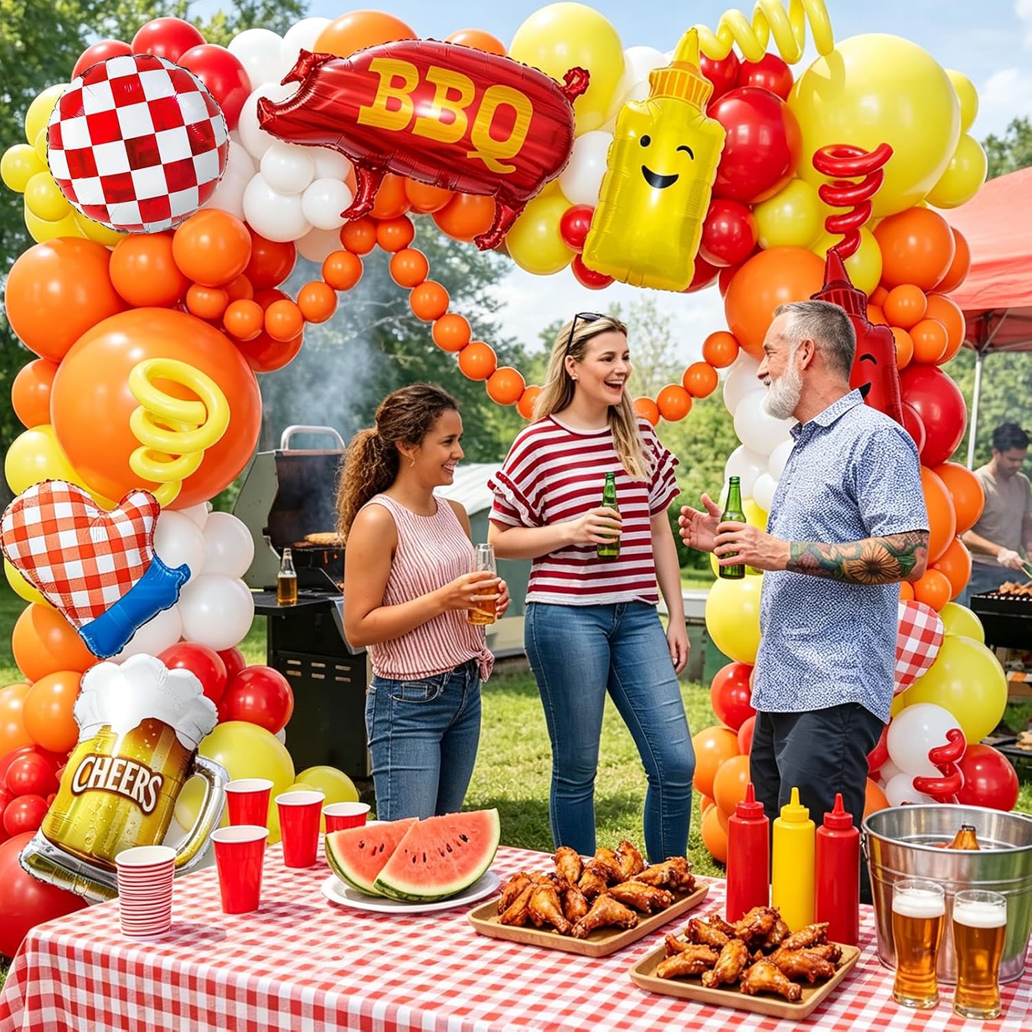 Hot Dog Balloons, BBQ Balloons, 170Pcs Hot-Dog Party Decorations Red Yellow and Orange Balloon Garland Arch Kit with Ketchup Beer BBQ Pig Foil Balloons for Picnic Barbeque Party Decorations