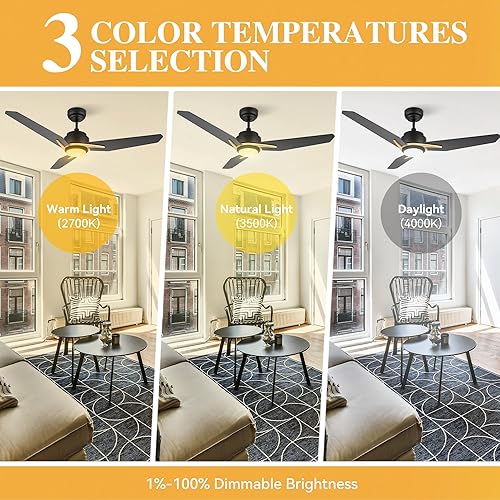 Miniatura 10 de SMAAIR Ventilador de techo inteligente de 48 pulgadas con control remoto de luz regulable, ventilador de techo CC para interiores y exteriores con 3