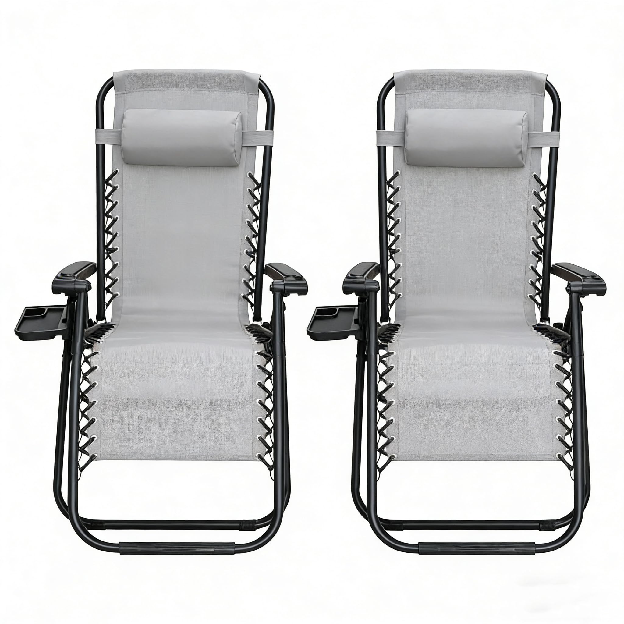 Alivio Zero Gravity Sunloungers, Adjustable Reclining Outdoor Chairs, Garden Patio Relaxer Sun Loungers, Heavy-Duty Folding Chair with Mobile Cup Holder & Headrest Pillow (Light Grey)