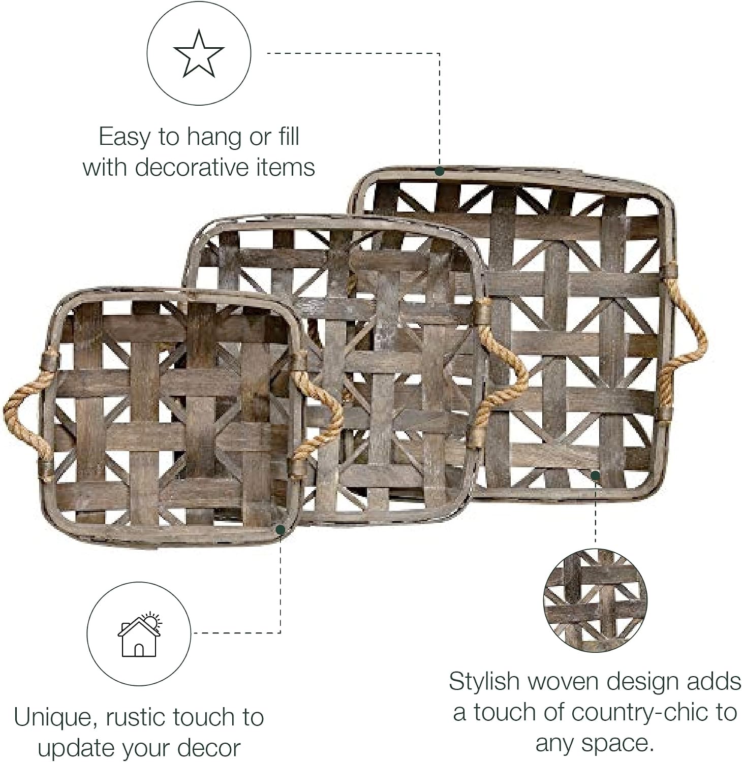 CWI Square Tobacco Basket with Metal Straps - Small, Medium, and Large Hanging Basket for Wall Storage and Decorations - 3 - Dark Brown
