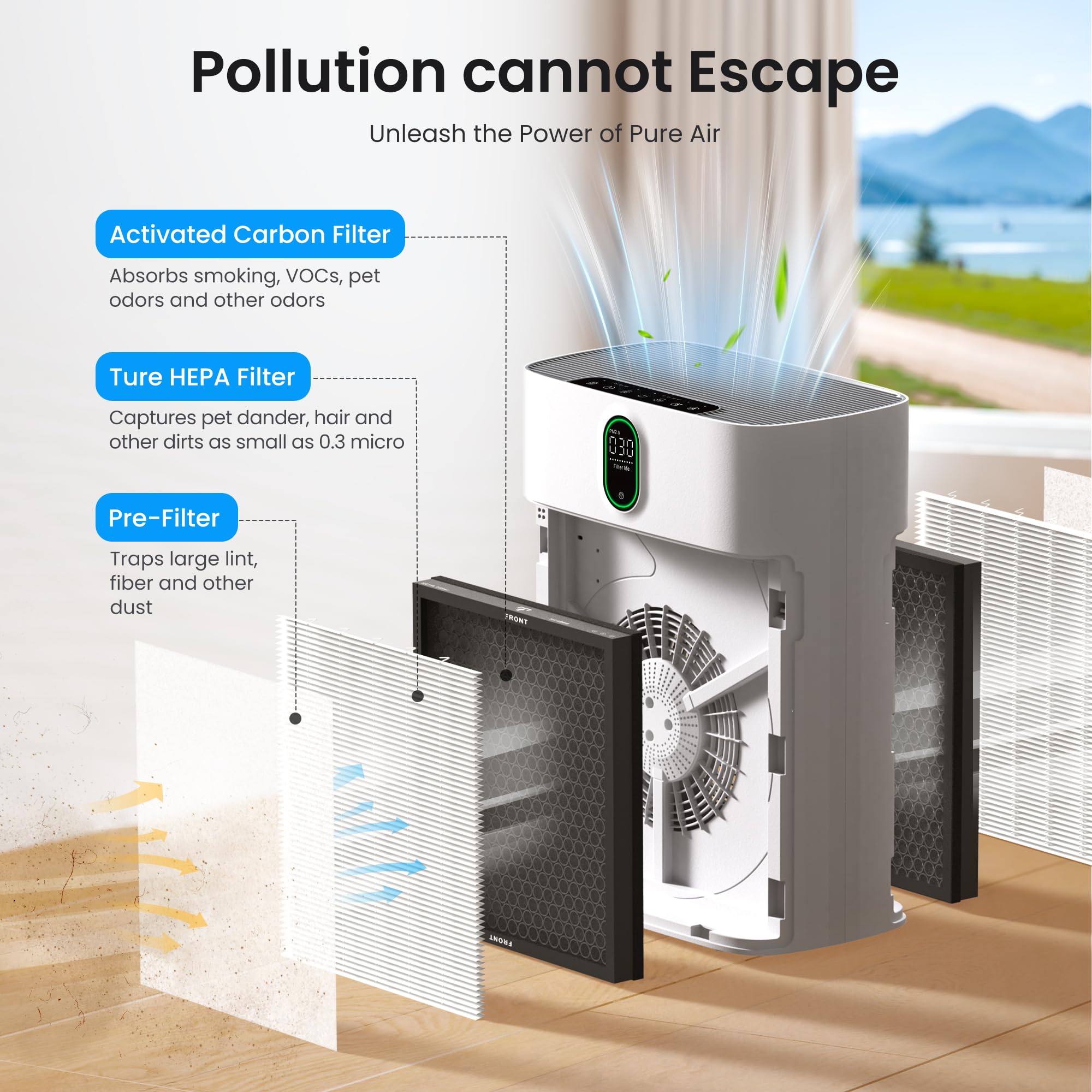 MERONTE Purificatore d'aria per ambienti fumatori, anallergico, filtro HEPA contro polline polvere, CADR 300 m³/h per 100 m², 24 dB Silenzioso, timer, feedback di qualità dell'aria e modalità auto