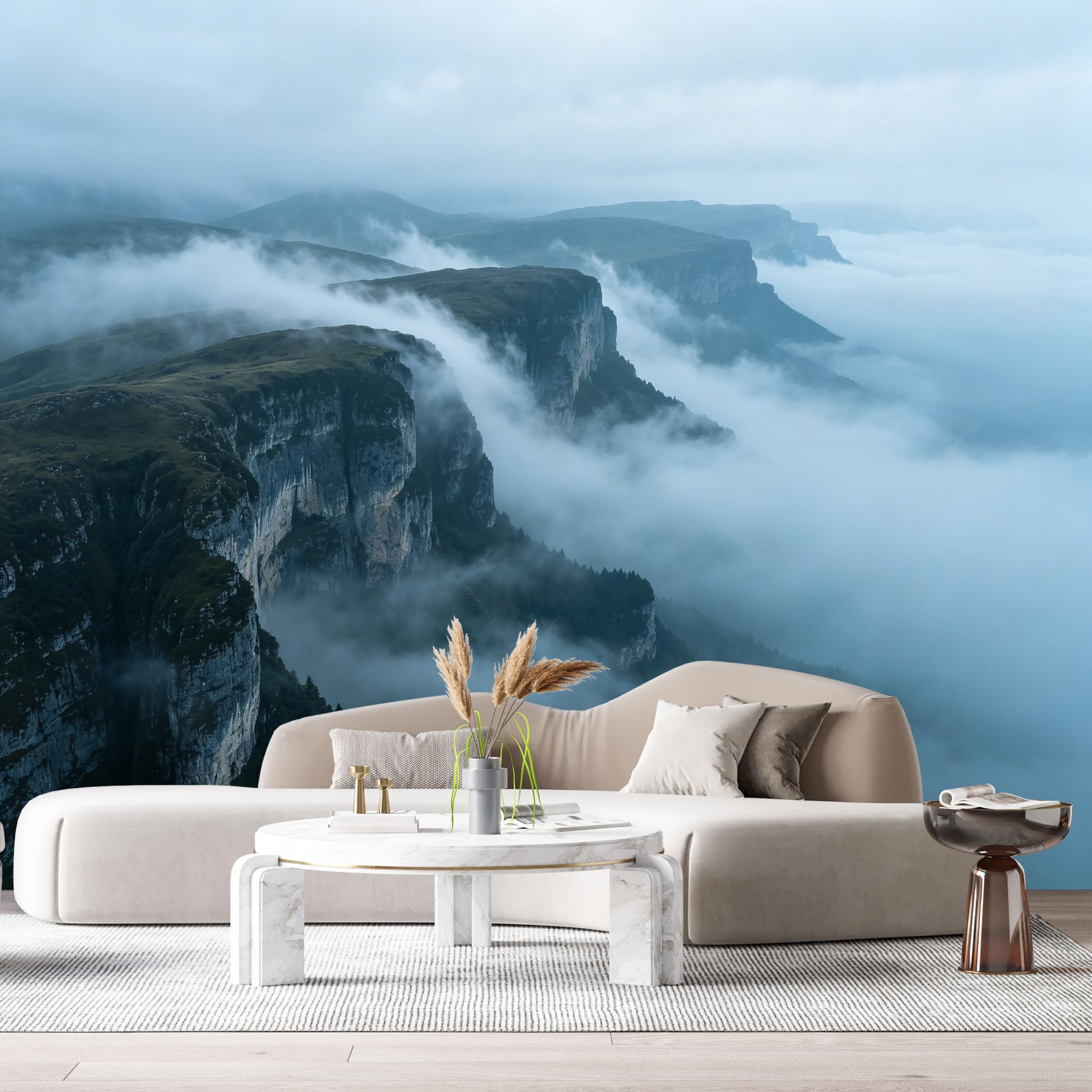 Custom Size Wall Murals Misty Mountain Landscape Peak Valley Cloud Fog Minimalist Modern SelfAdhesive Wall Fabric Removable Large Wallpaper for Photo Living Room