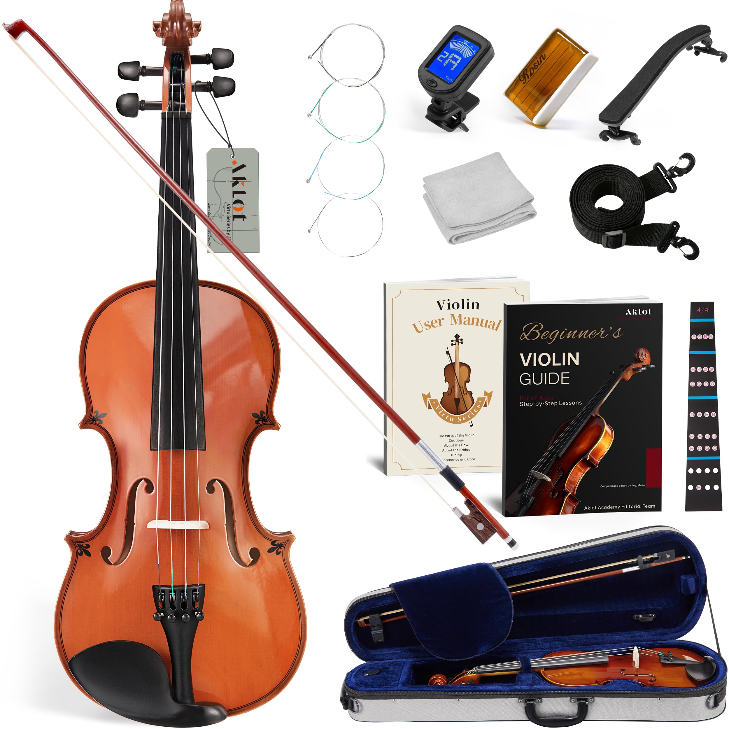 AKLOT Handcrafted Full Size Violin: Solid Wood Glossy Fiddle, Acoustic Beginn...