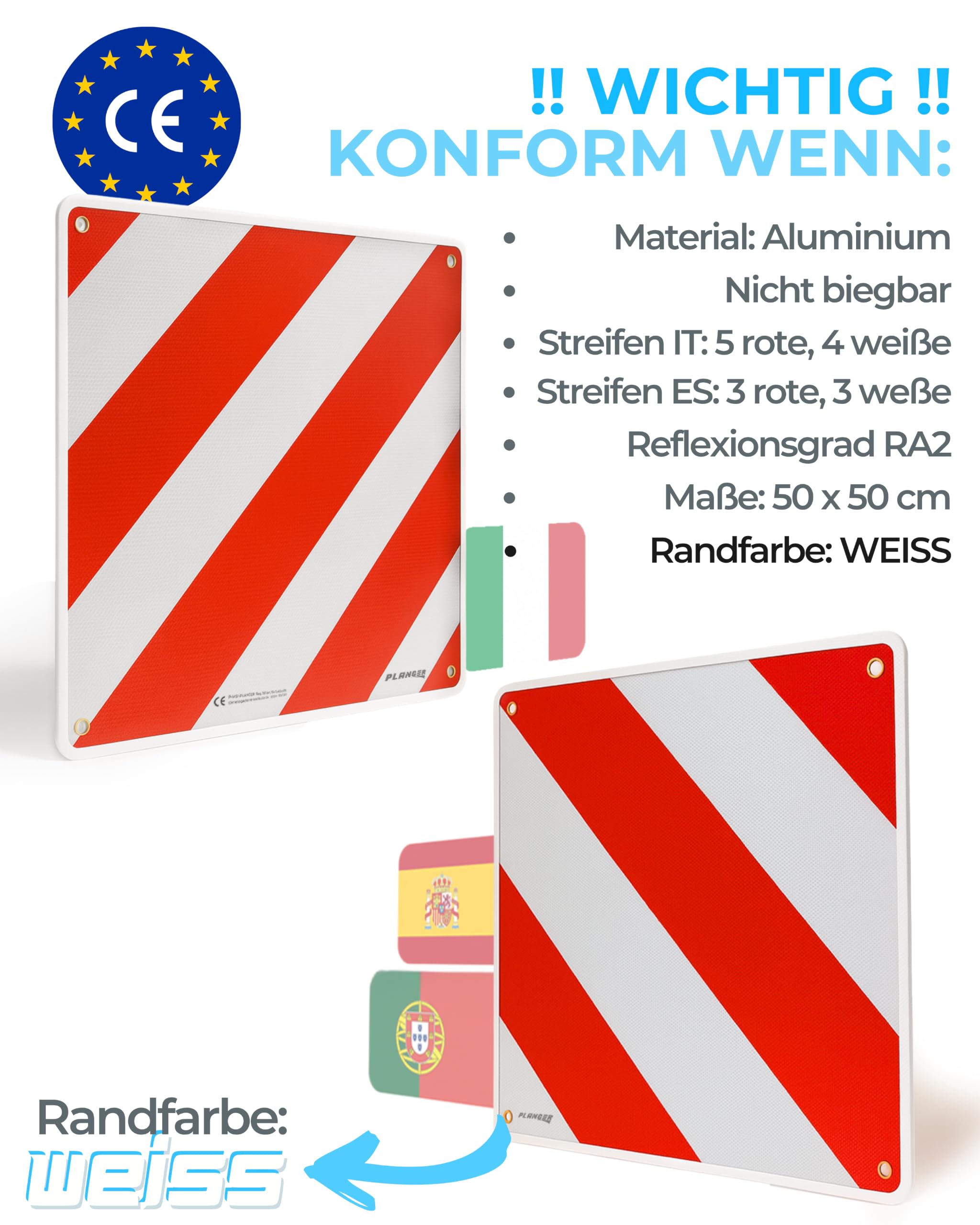 PLANGER® - Warntafel Italien und Spanien u Portugal 3in1 (50 x 50 cm) (Schild + Tasche + Spanner) - Reflektierendes Warnschild rot weiß für Heckträger u Fahrradträger