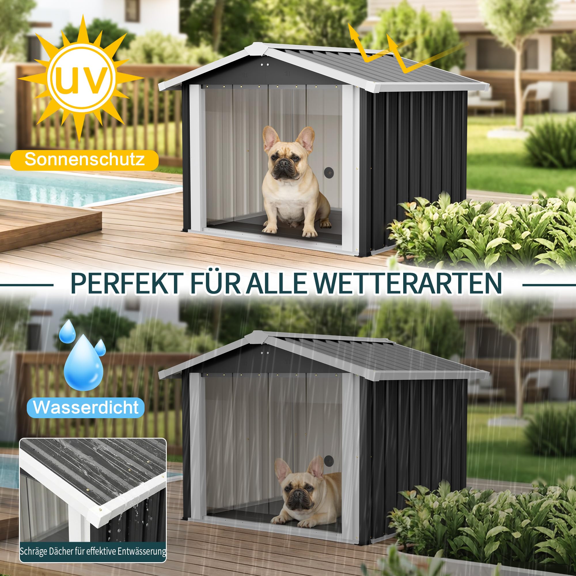 Metall Hundehütte für Draußen, Wetterfestes Hundehaus mit Transparentem Vorhang, UV-beständig & Wasserdicht, Für kleine bis mittlere Hunde, Anthrazit