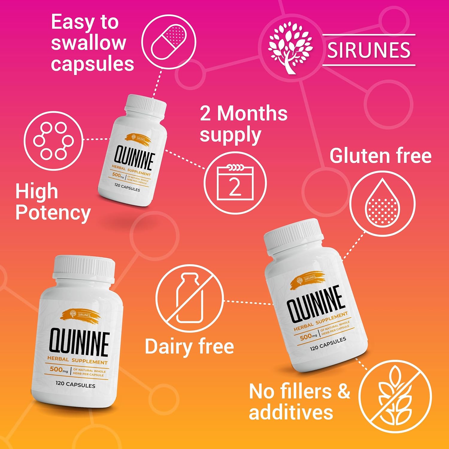 SIRUNES Leg Cramps Relief Quinine Capsules – Natural Cinchona Bark Supplement for Cramp Defense & Digestive Health – 1000mg Quinine Pills, 120 Tablets, Non-GMO, Gluten-Free - Image 6
