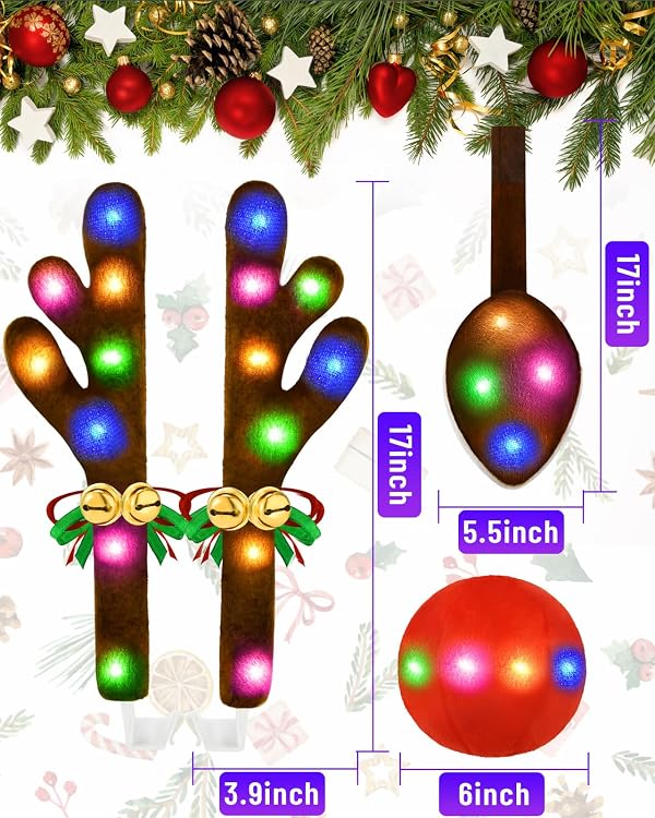 Christmas Reindeer Antlers Car Decoration Kit, LED Multicolor Lights Nose Vehicle with Jingle Bells Rudolph, Auto Holiday Accessories for SUV Van Truck Decor by Dergo - Image 5