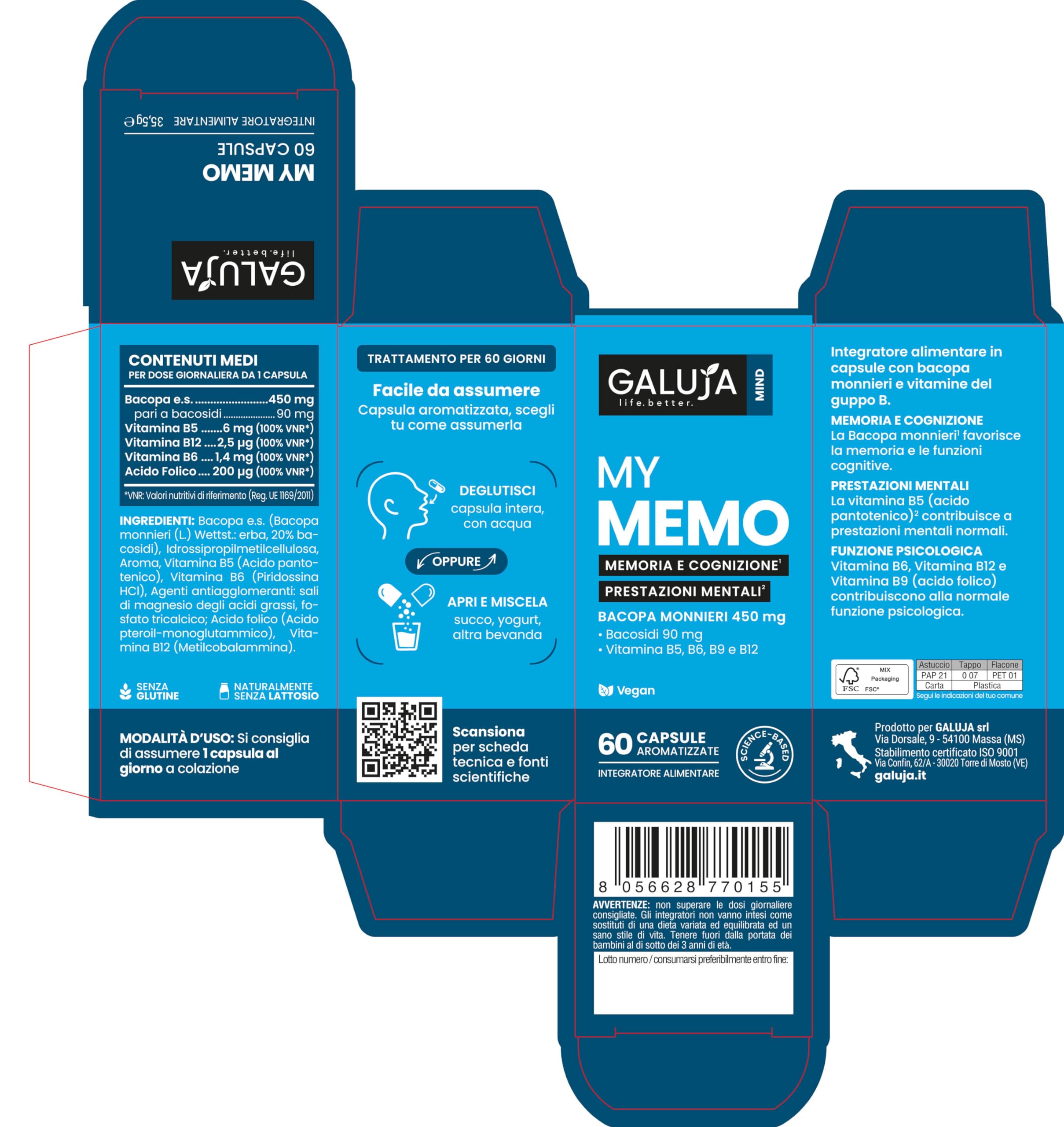 My Memo - Integratore Memoria e Cognizione - Bacopa Monnieri 450 mg (Bacosidi 90 mg) - 60 giorni (60 caps) - Vegan, senza glutine e lattosio, aroma pesca - Vitamine B5 B6 B12 Folato