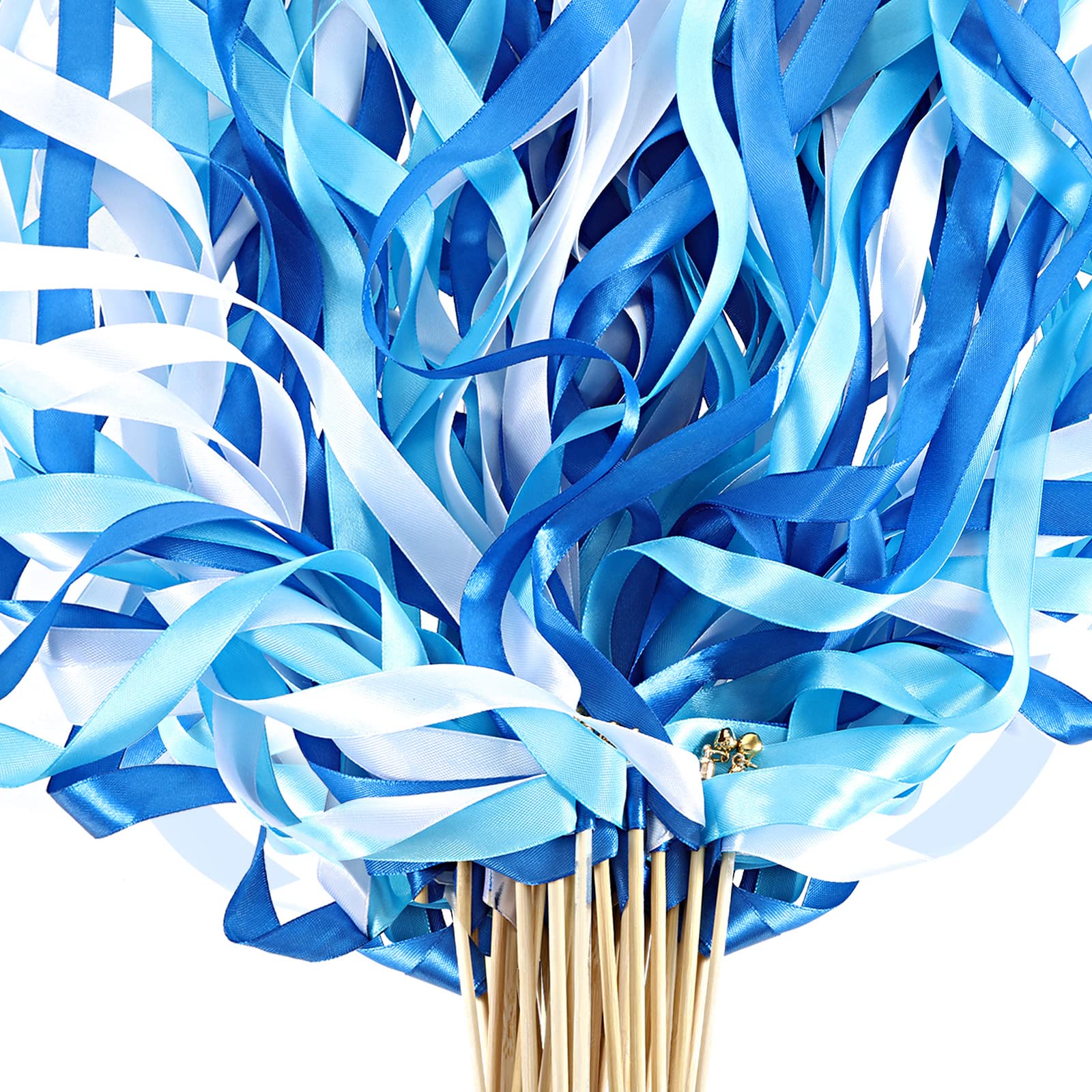 100 Stück Spitzenband Hochzeit Zauberstäbe Bunte Bänder Luftschlangen Partyband Luftschlangen mit Glocken Seidenfeenstäbe für Hochzeit, Party, Urlaub, Aktivitäten (Blau, Hellblau, Weiß)