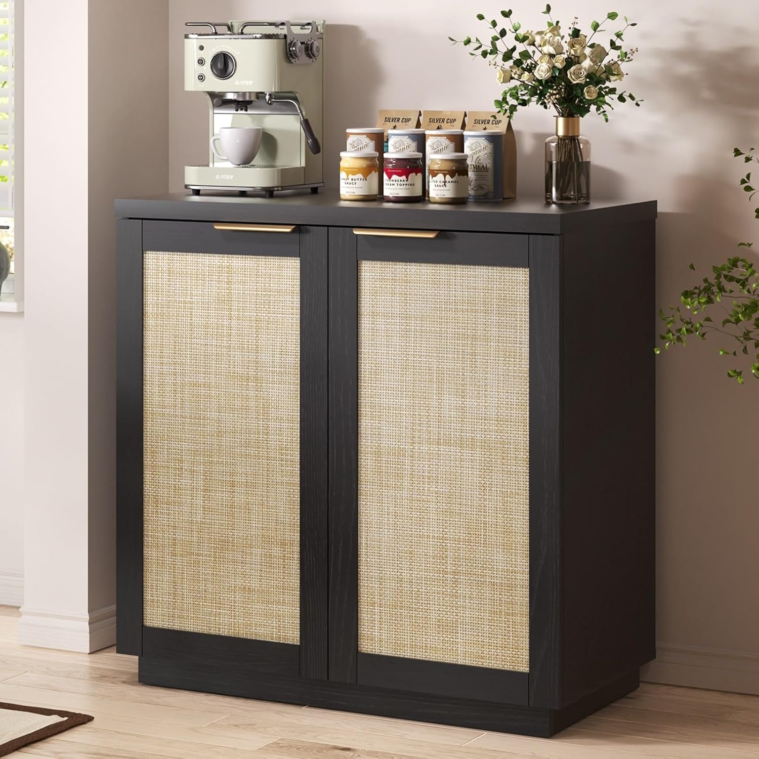 HOMMPA 31.5'' Sideboard Buffet Cabinet with Storage Boho Kitchen Buffet Cabinet with 2 Doors and Adjustable Shelves, Rattan Wood Coffee Bar Cabinets/Table for Living Room, Hallway & Kitchen Black
