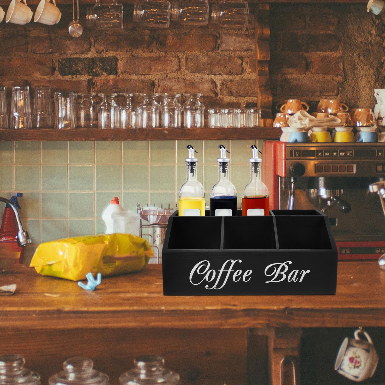 Kaffeestation -organizer Aus Holz Kaffeebar -aufbewahrungsbox Multifunktionale Organizer-box Für Arbeitsplatte Kaffee Und Tee -zubehör Strohhalme Und Taschentuchbox