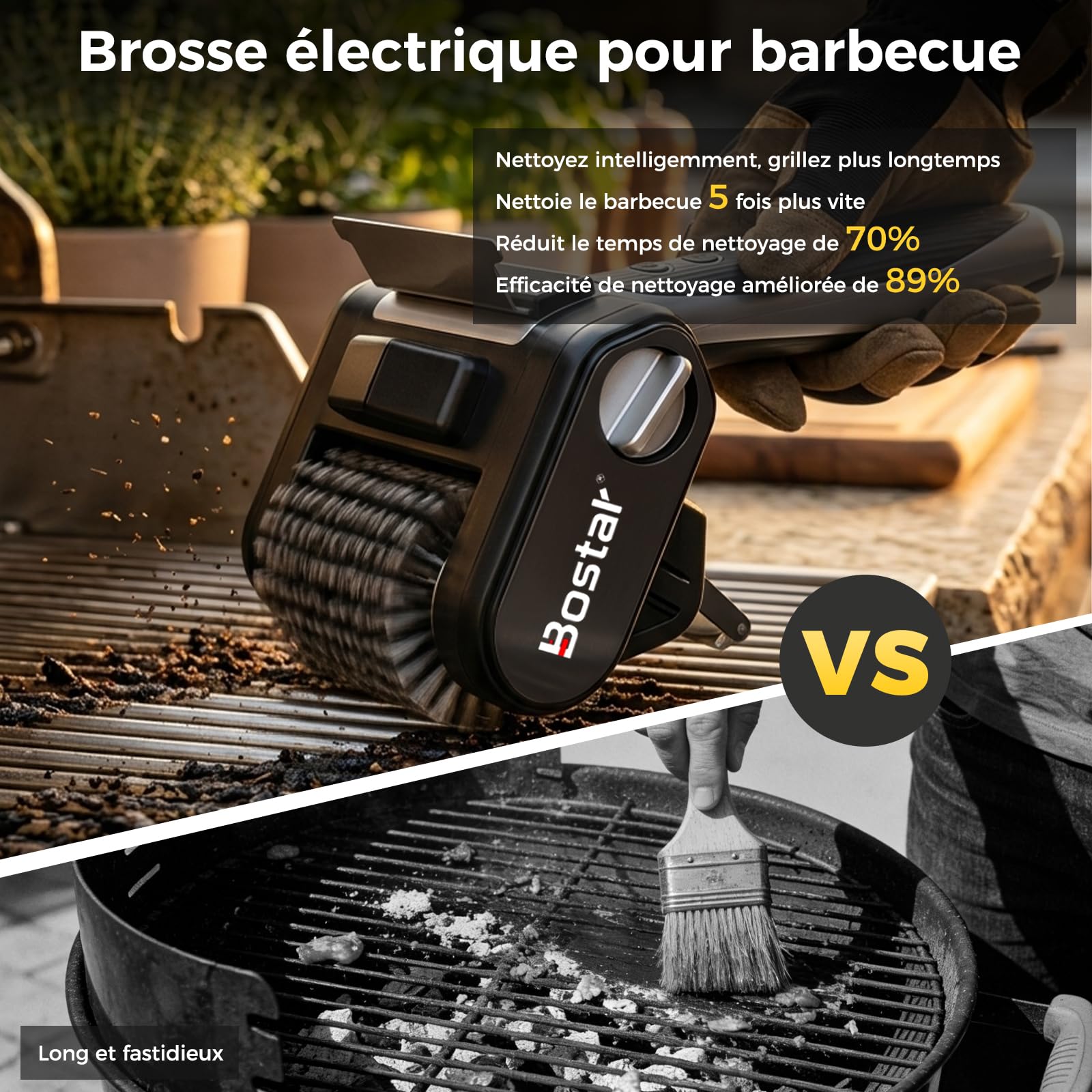 Bostar Brosse Barbecue Électrique sans Fil - 4000mAh Nettoyeur avec Grattoir en INOX & Lampe LED, 450 TR/Min Couple Élevé pour Grille Gaz & Charbon, Inclut 1 Rouleau de Rechange