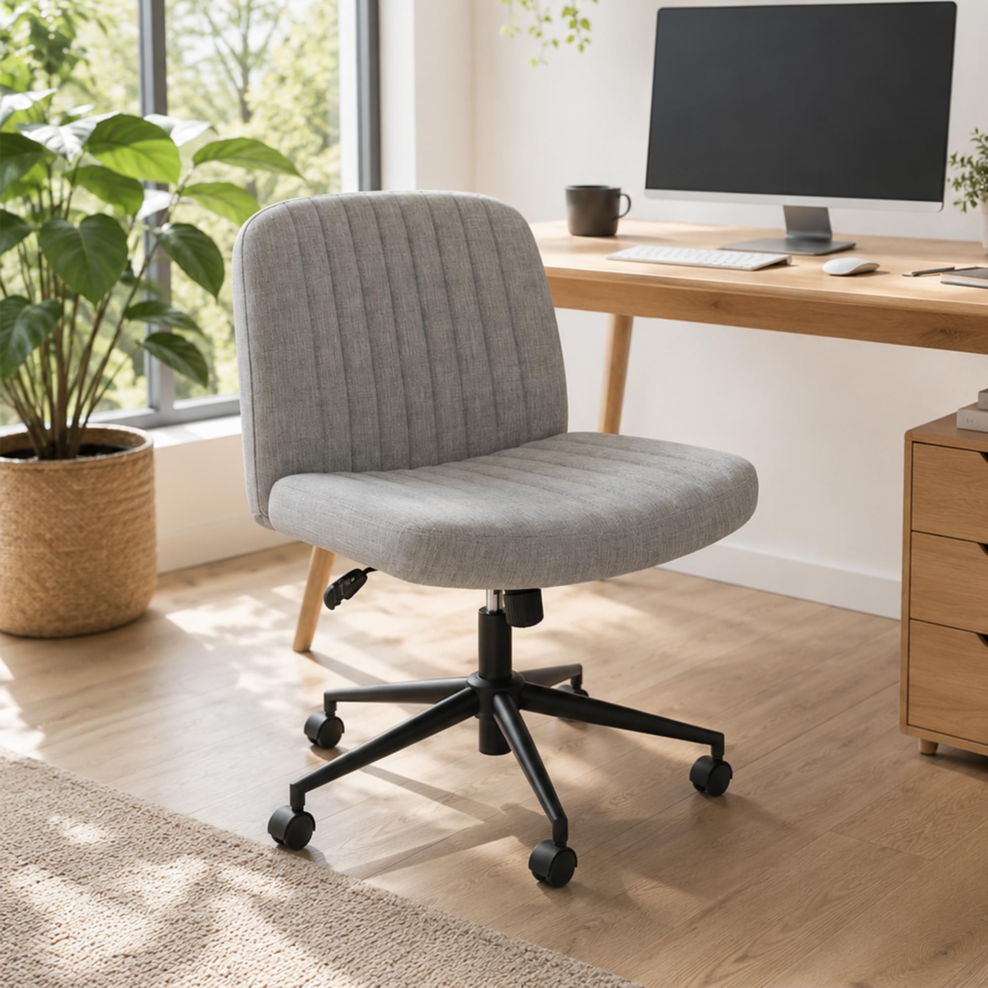 Fiona's magic Bürostuhl ohne Armlehnen, Drehstuhl mit Rollen, Höhenverstellbar Schreibtischstuhl, Lesesessel mit Breiterem für Haus, Wohnzimmer, Schminktisch, Grau
