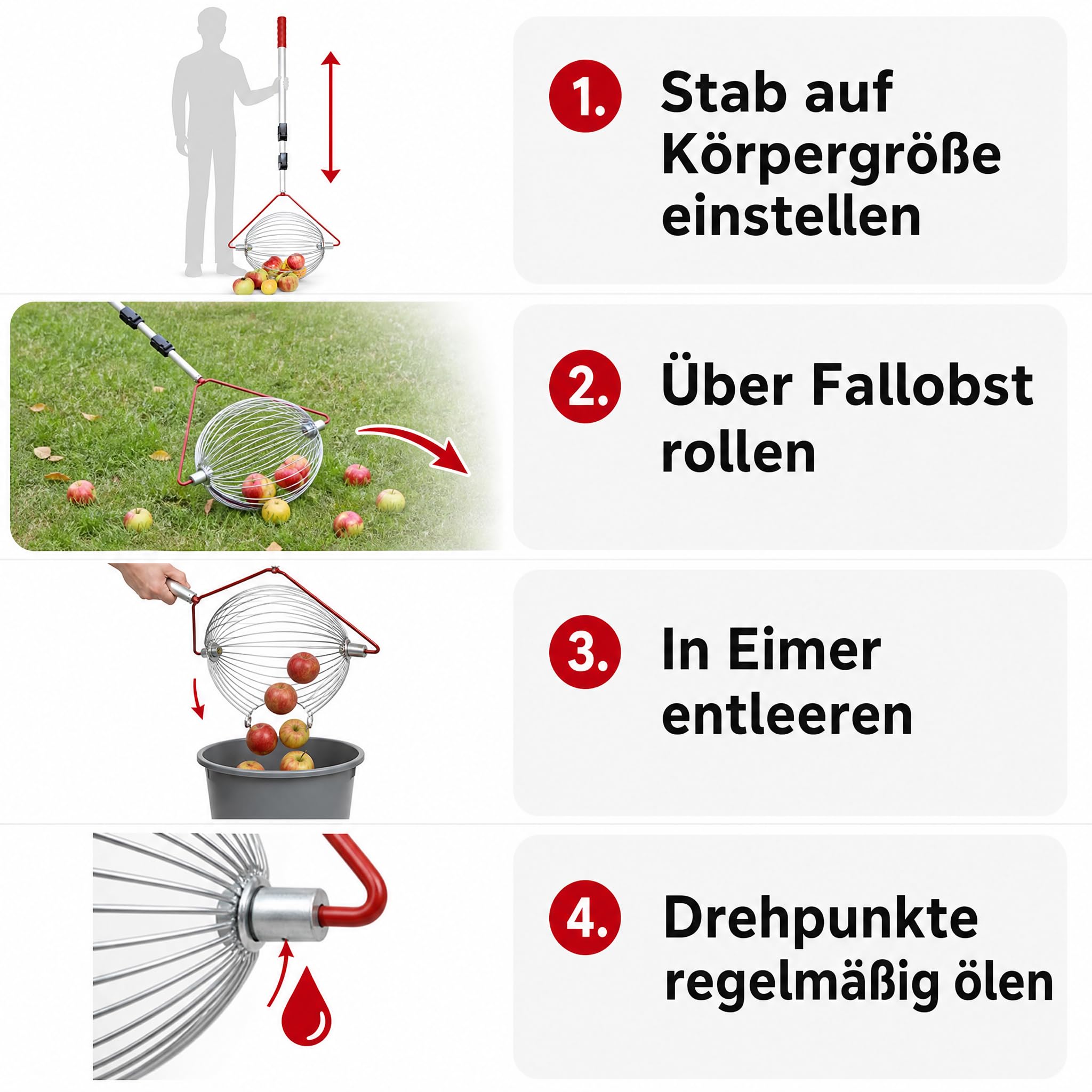 Apfel-Sammler mit Teleskopstab- der Roll-Blitz die kleinste Obstaufsammelmaschine der Welt direkt vom Hersteller für Apfel, Birnen