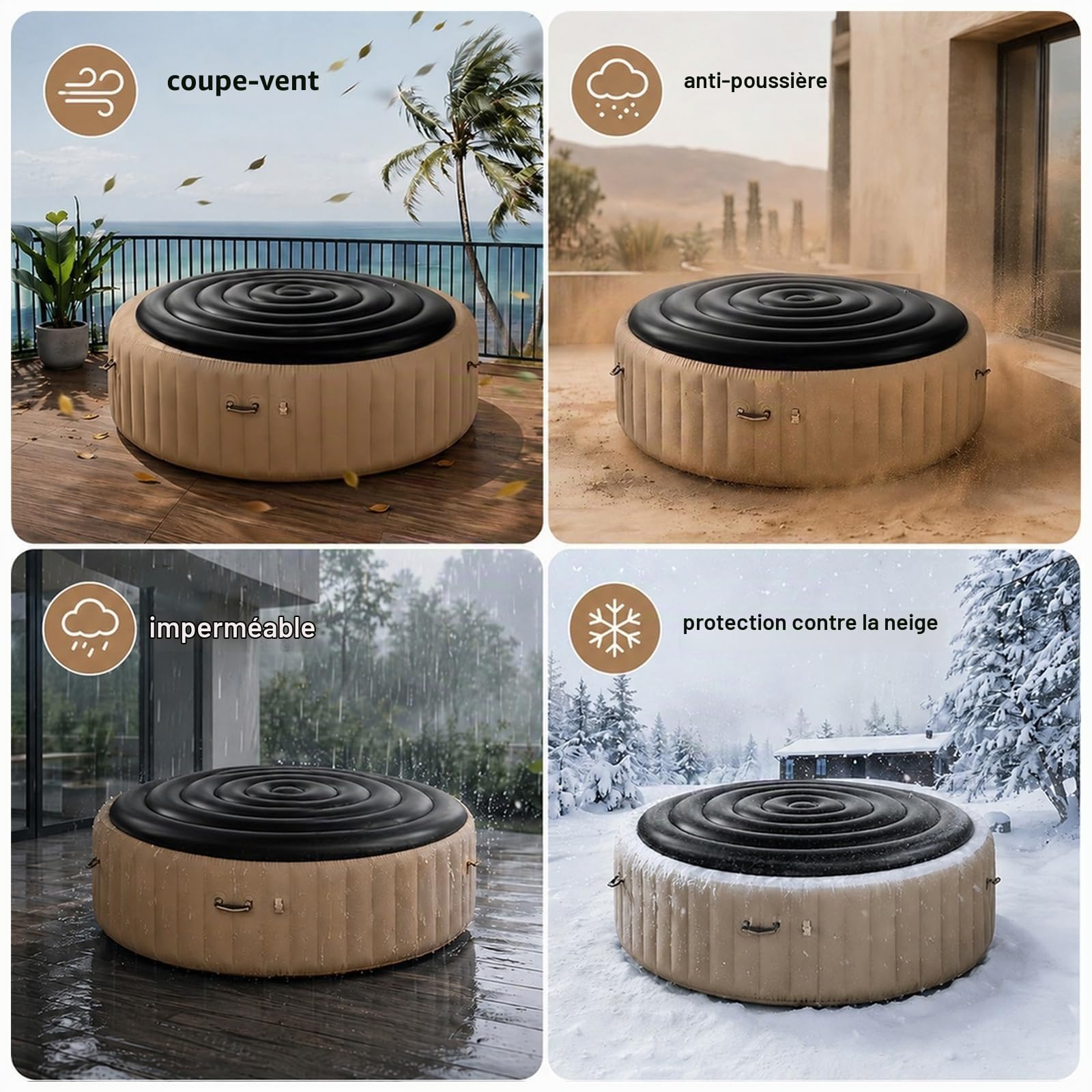 Couverture Thermique pour Bains à remous Ronde et Gonflable avec poignées, Couvercle de Spa Gonflable, Couvercle de Bain à Remous de qualité supérieure et économe en énergie (Noir, 165CM)