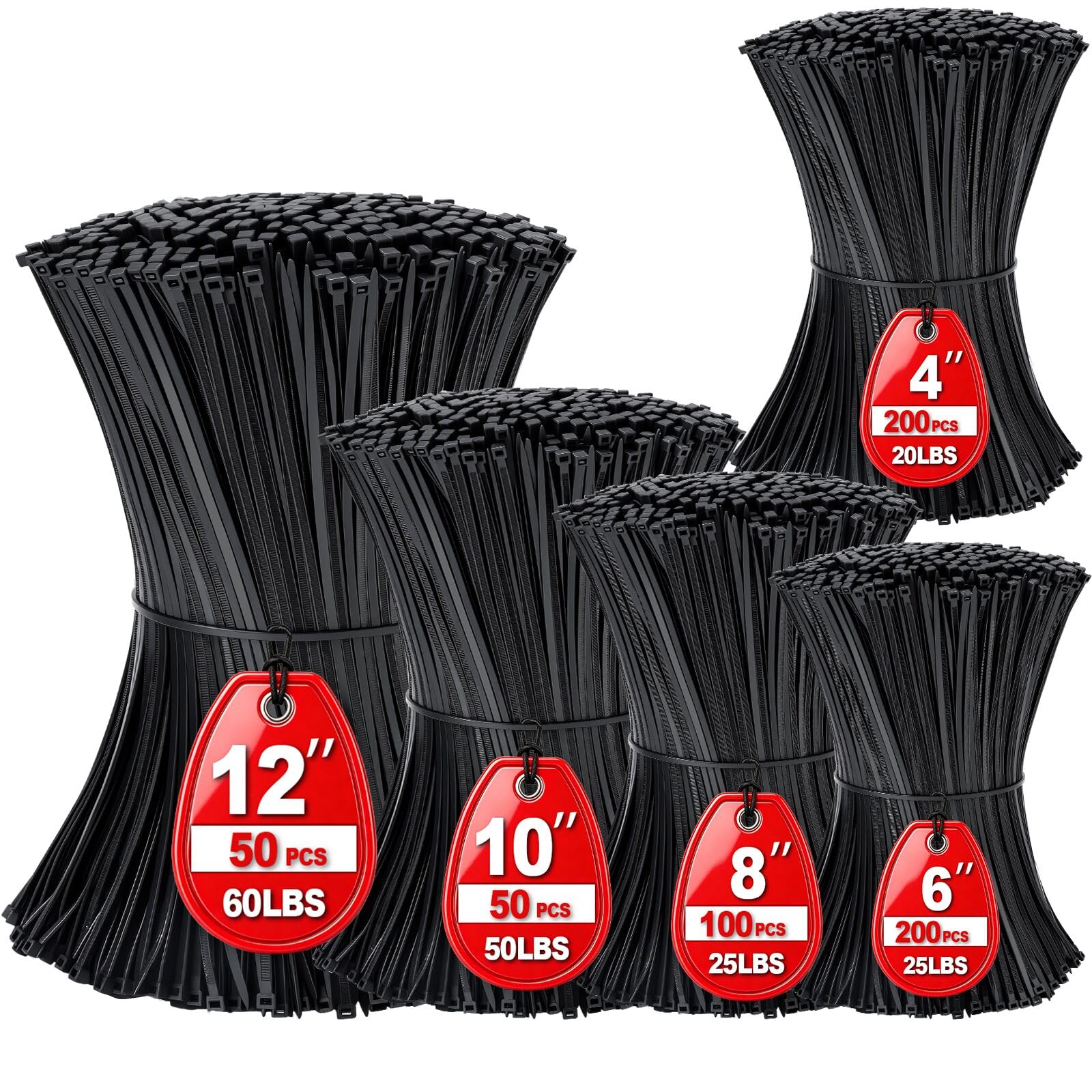 Photo 1 of Black Zip Ties Assorted Sizes 4+6+8+10+12-Inch?600PCS Multi-Purpose Self-Locking Nylon Cable Tie,Wire Tie Perfect for Home,Garden Trellis,Office,Garage and Workshop.