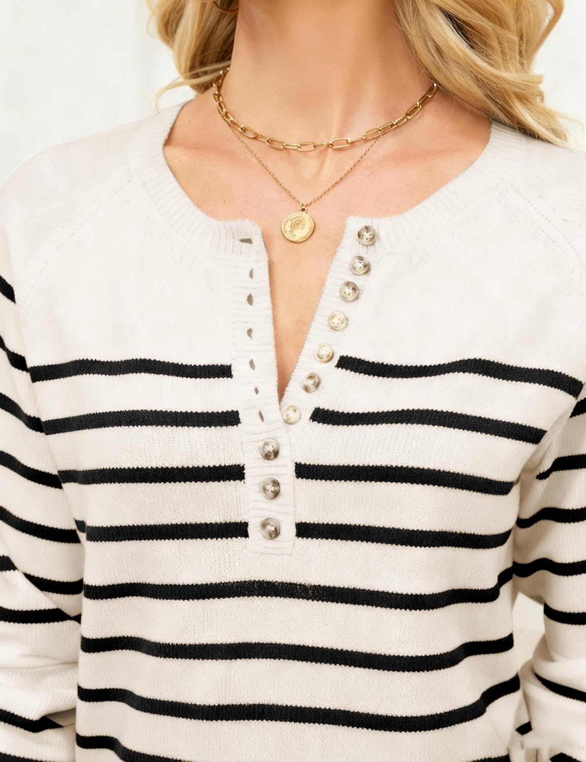 Hongsui Women's Color Block Striped Sweaters Button Up Crewneck Pullover Ribbed Knit Sweater Tops - Image 6