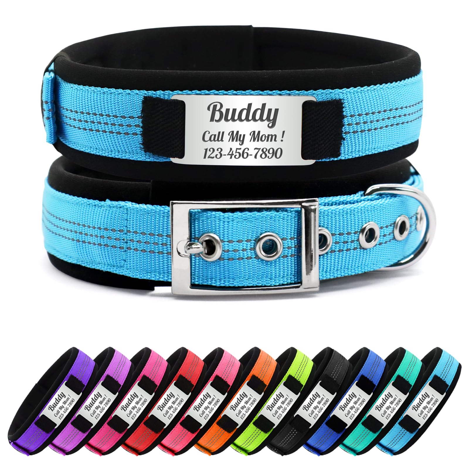 Nylon Reflective Personalised Dog Collar with Name, Customisable Dog Collar with Metal Belt Buckle, Soft Comfort for Pets - Matching Lead Available (Sky blue) โ image 1