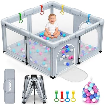 OCATO Baby Playpen: Foldable Playpen for Babies and Toddlers Large Play Pen Portable Playpen Fence Indoor Outdoor Kids Safety Area Travel Play Yard with 1 Storage Bag 4 Handlers 50 Balls (50" 50&...