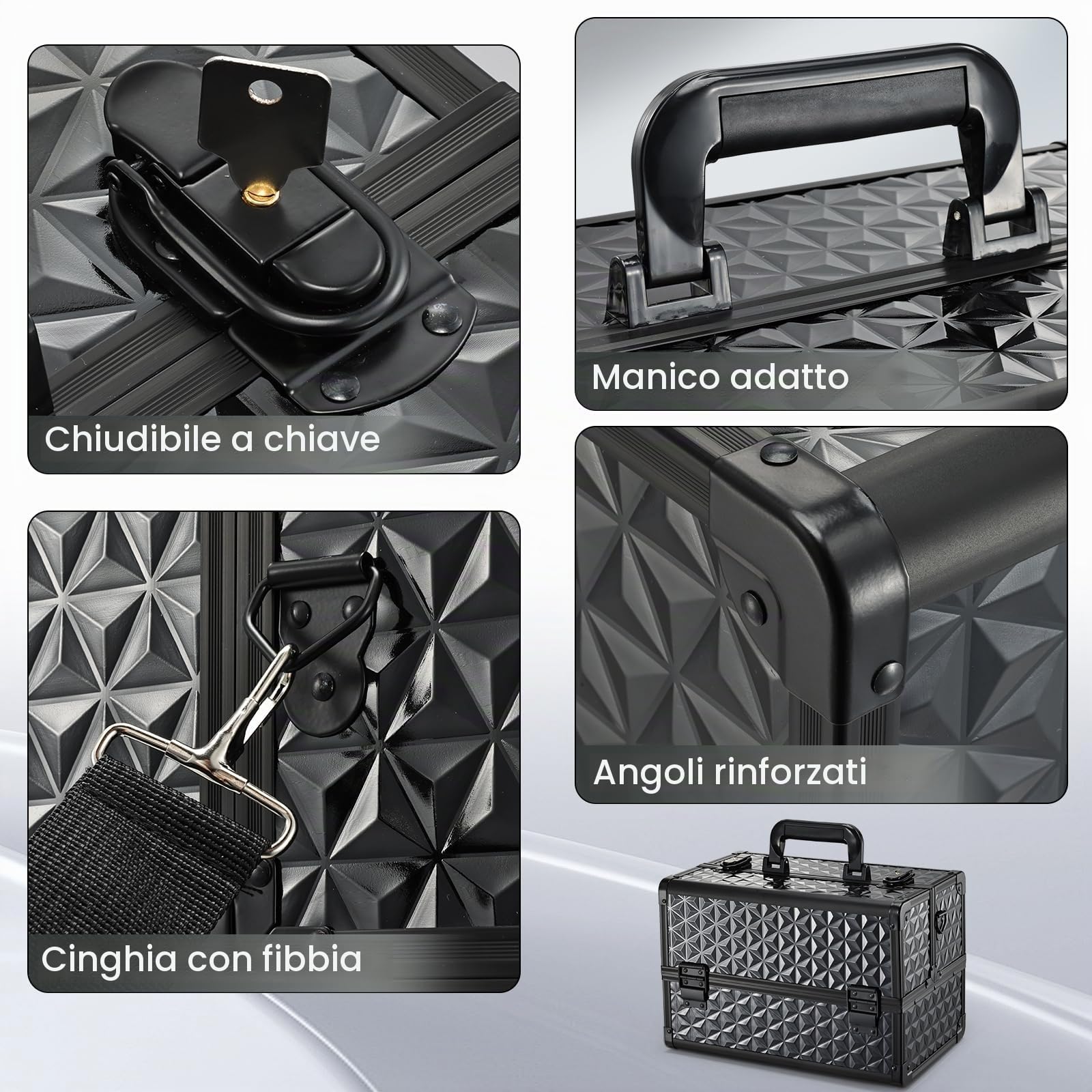Valigetta Trucchi Professionale Beauty Case Valigetta Unghie in alluminio con 4 vassoi divisori regolabili Chiusura Porta Trucchi con lucchetto Portatile con tracolla, Nero