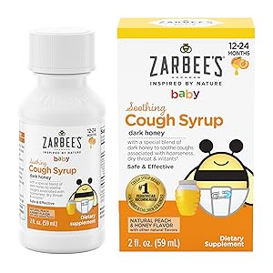 Zarbee's Baby Soothing Honey Cough Syrup for Babies 12-24 Months, Safe & Effective Cough Syrup with Soothing Dark Honey for Occasional Coughs, Drug & Alcohol-Free, Peach & Honey, 2 fl. oz