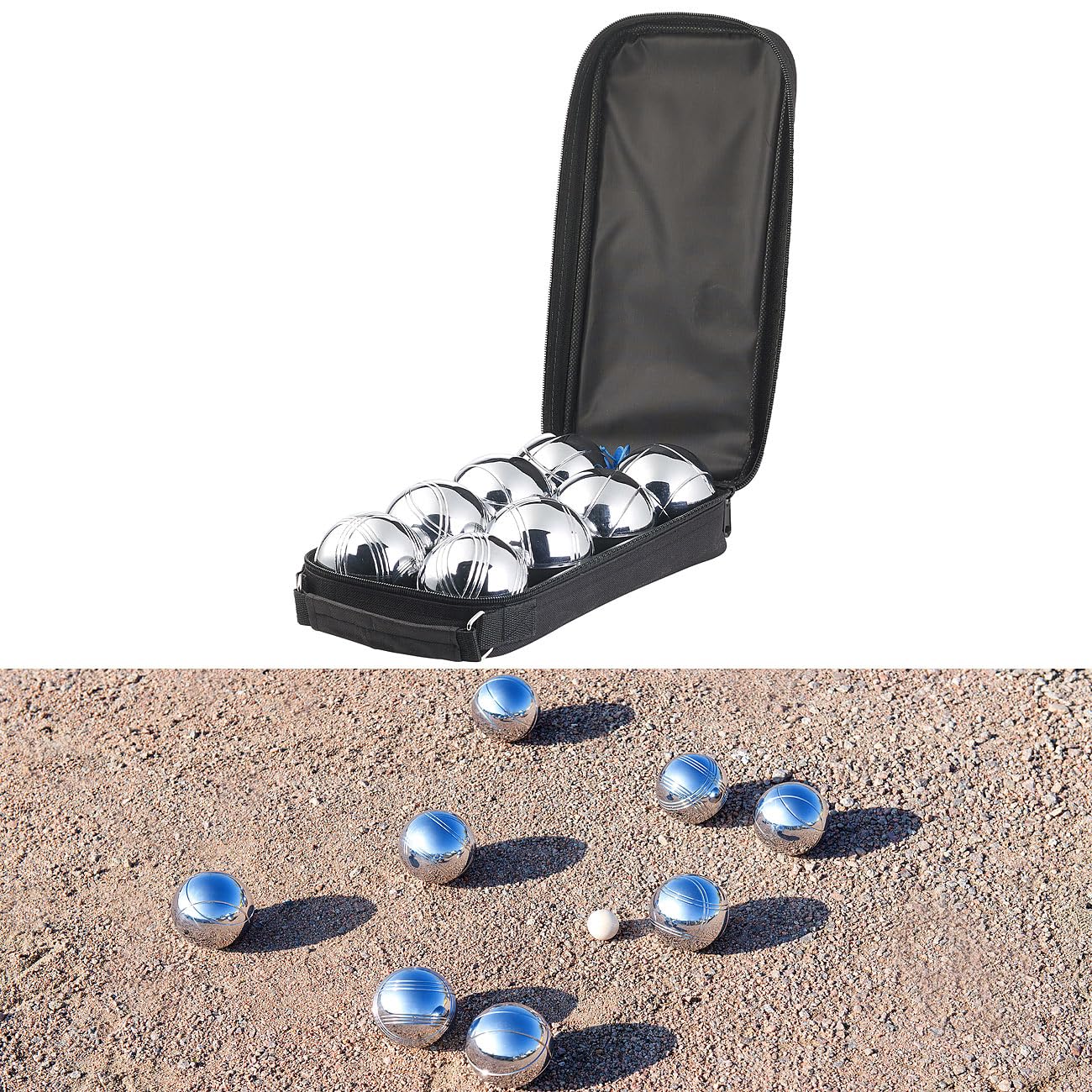 PEARL Bocciakugeln: Boule- & Boccia-Spiel: 32 Metall- und 4 Holz-Kugeln, Abstandsmesser (Bocciaspiele, Bocciakugel, Ball)