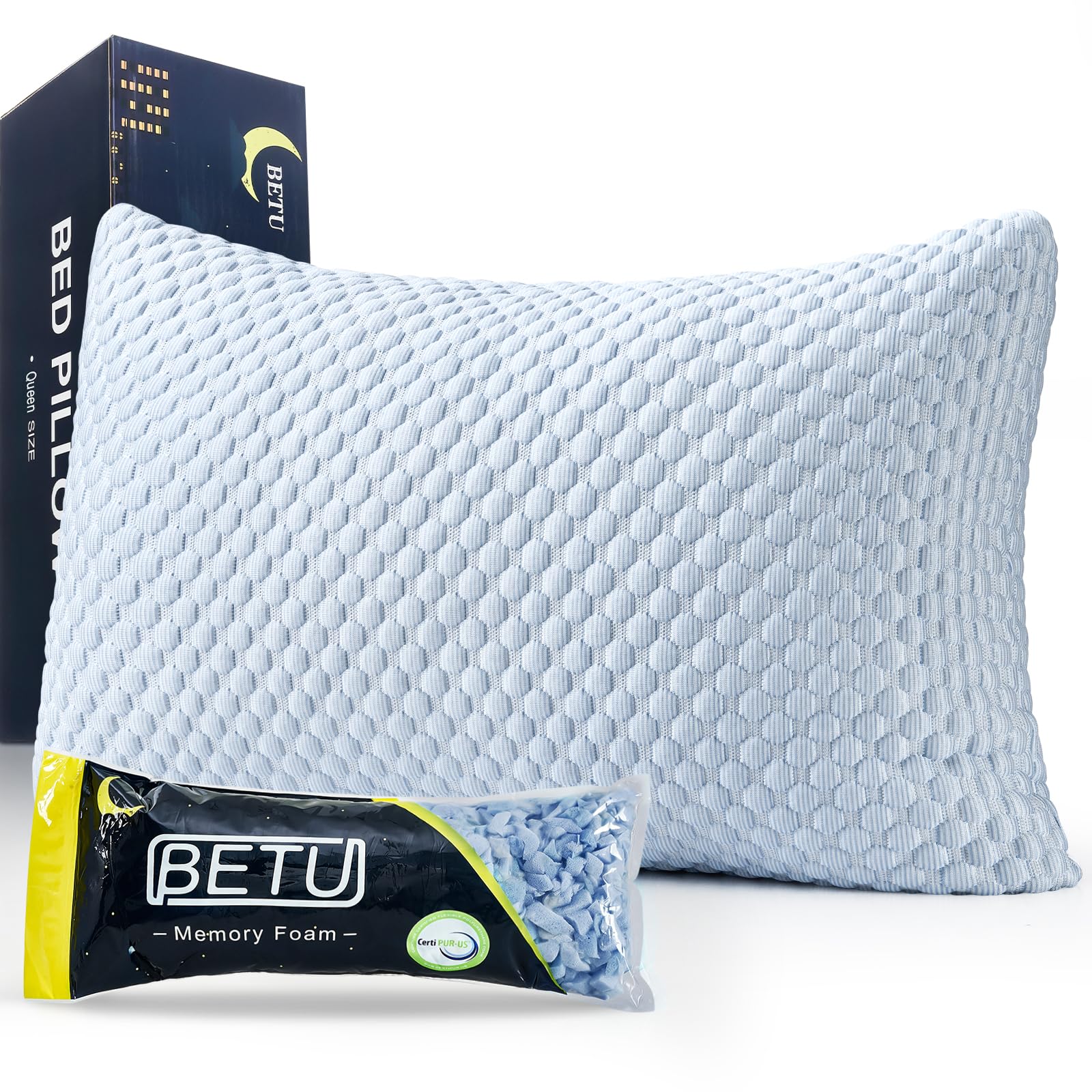 BETU Cooling Pillow Queen Size, Breathable Shredded Memory Foam Cool Pillow for Hot Sleepers, Adjustable Soft Support Bed Pillows for Side, Back, Stomach Sleepers, 3D Honeycomb Breathable Cover