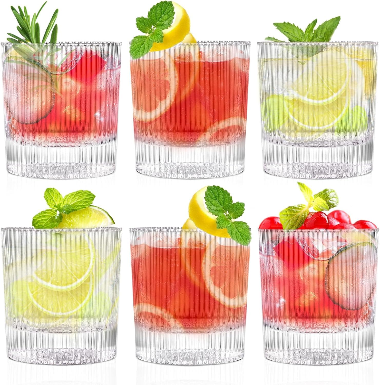 13 oz Highball Ribbed Glasses Set of 6 - Ideal for Cocktails Iced Coffee and Iced Tea -