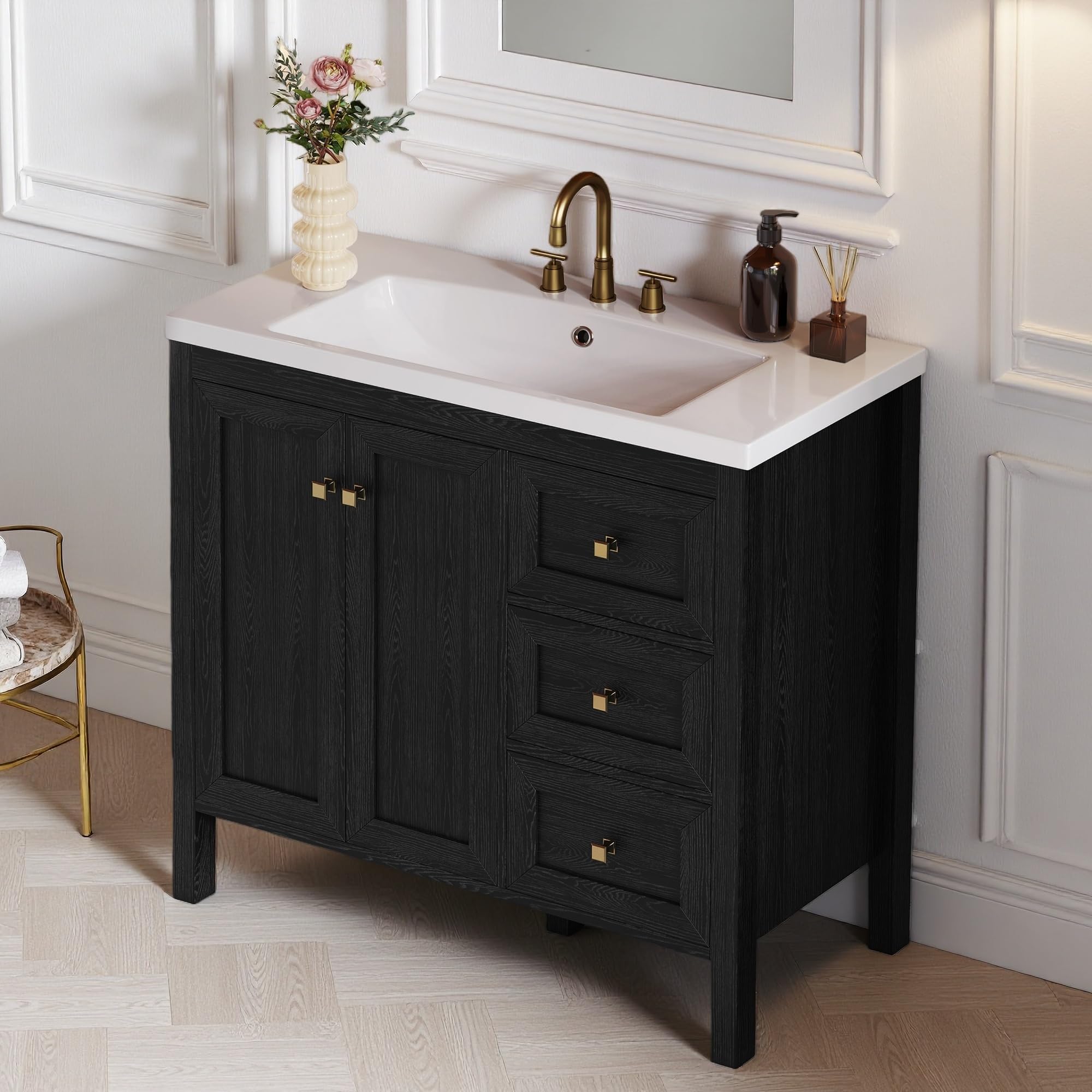 Photo 1 of ** 2 boxes**DWVO 42 Inch Bathroom Vanity with Sink, Modern Bathroom Storage Cabinet with Resin Basin, Three Holes, 2 Doors & 3 Drawers