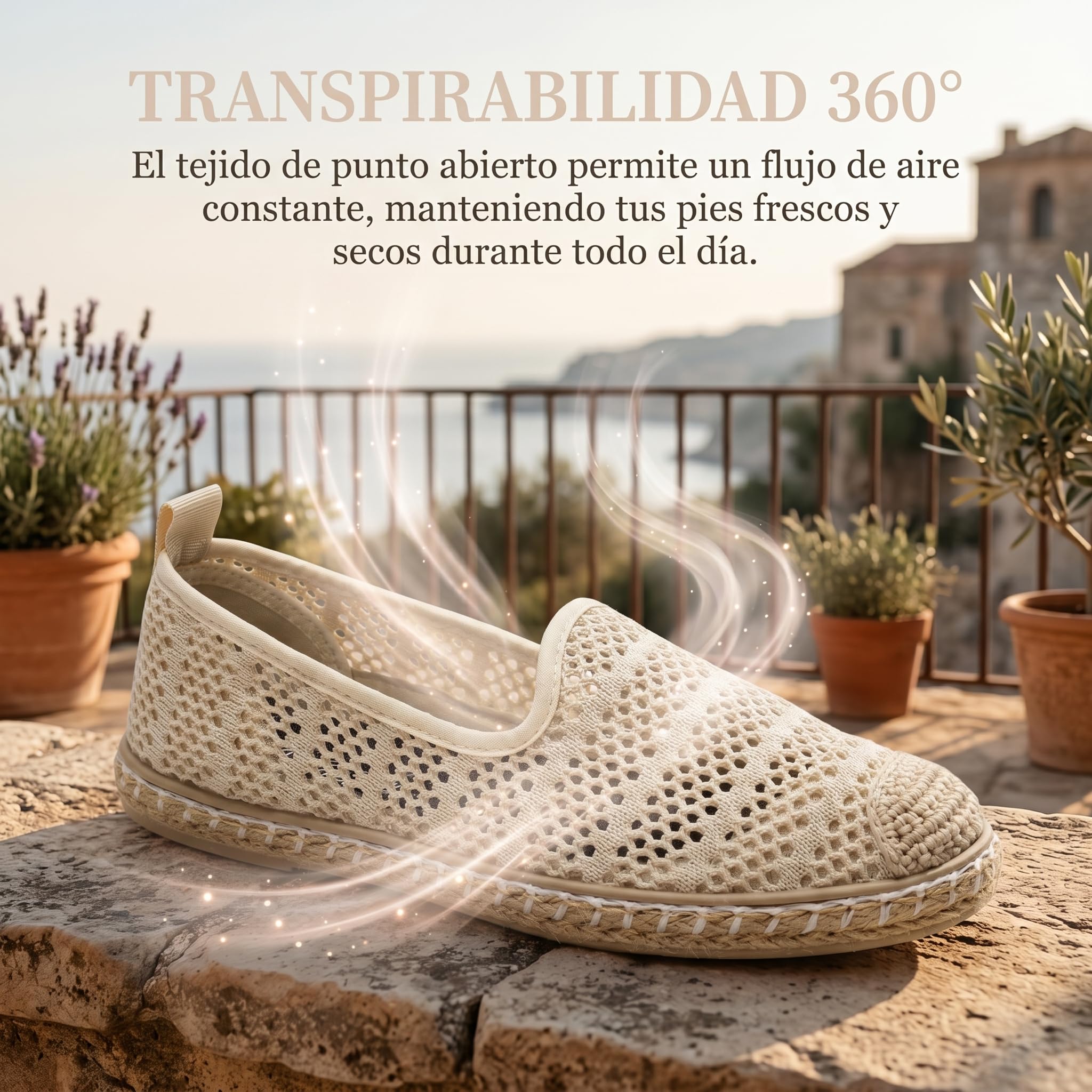 GLAMORA Alpargatas Mujer Caladas Slip On Punto Transpirable Zapato Plano Ligero Flexible Suela Goma Efecto Esparto Crochet Puntera Cerrada Comodo Verano Sin Cordones