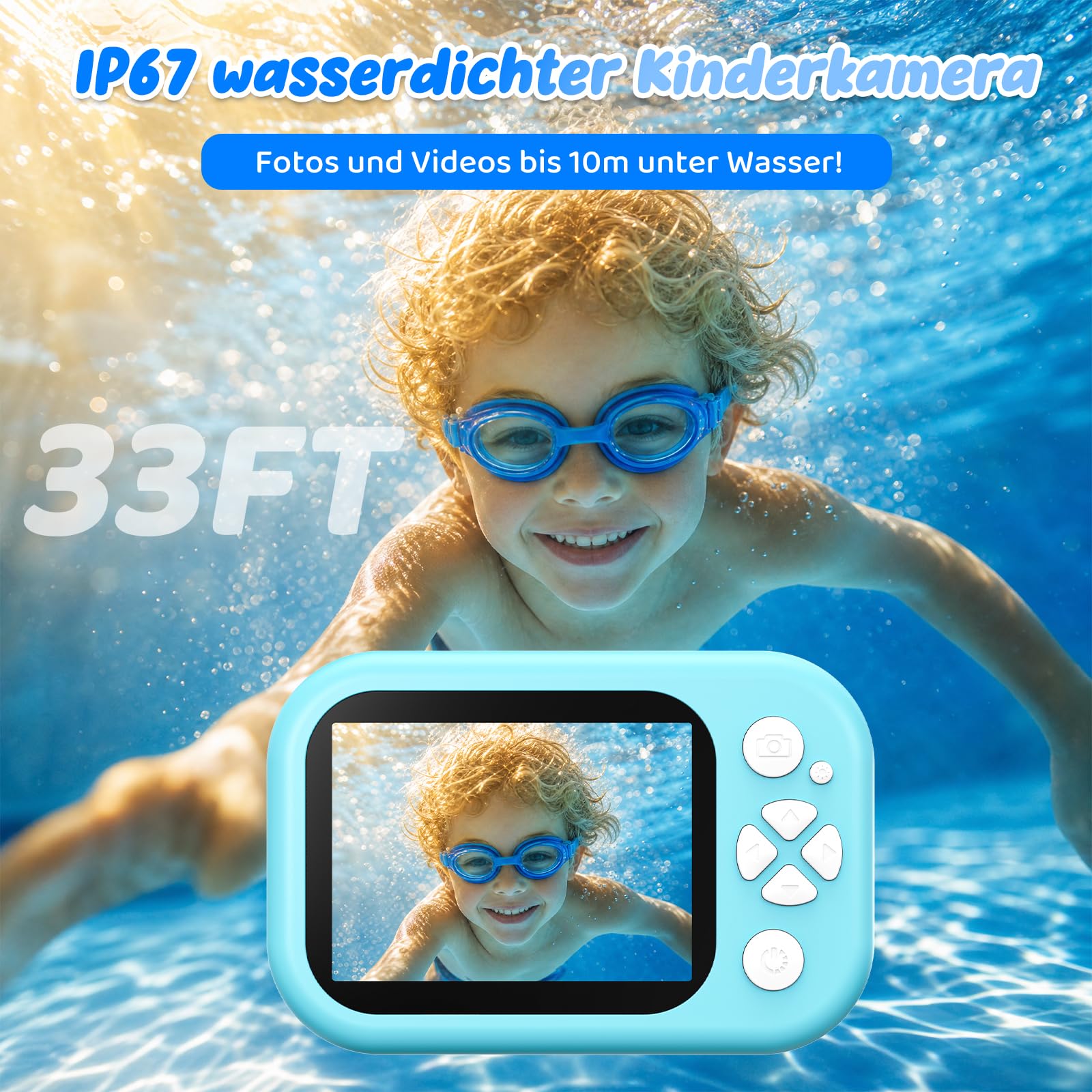 CHAKEYAKE Unterwasserkamera, IP67 10M/32.8FT Kinderkamera 1080P wasserdichte Digitalkamera mit 2.4" HD Bildschirm, 10X Digitalzoom, SD Karte, Geschenk für Jungen und Mädchen 3–12 Jahre, Blue