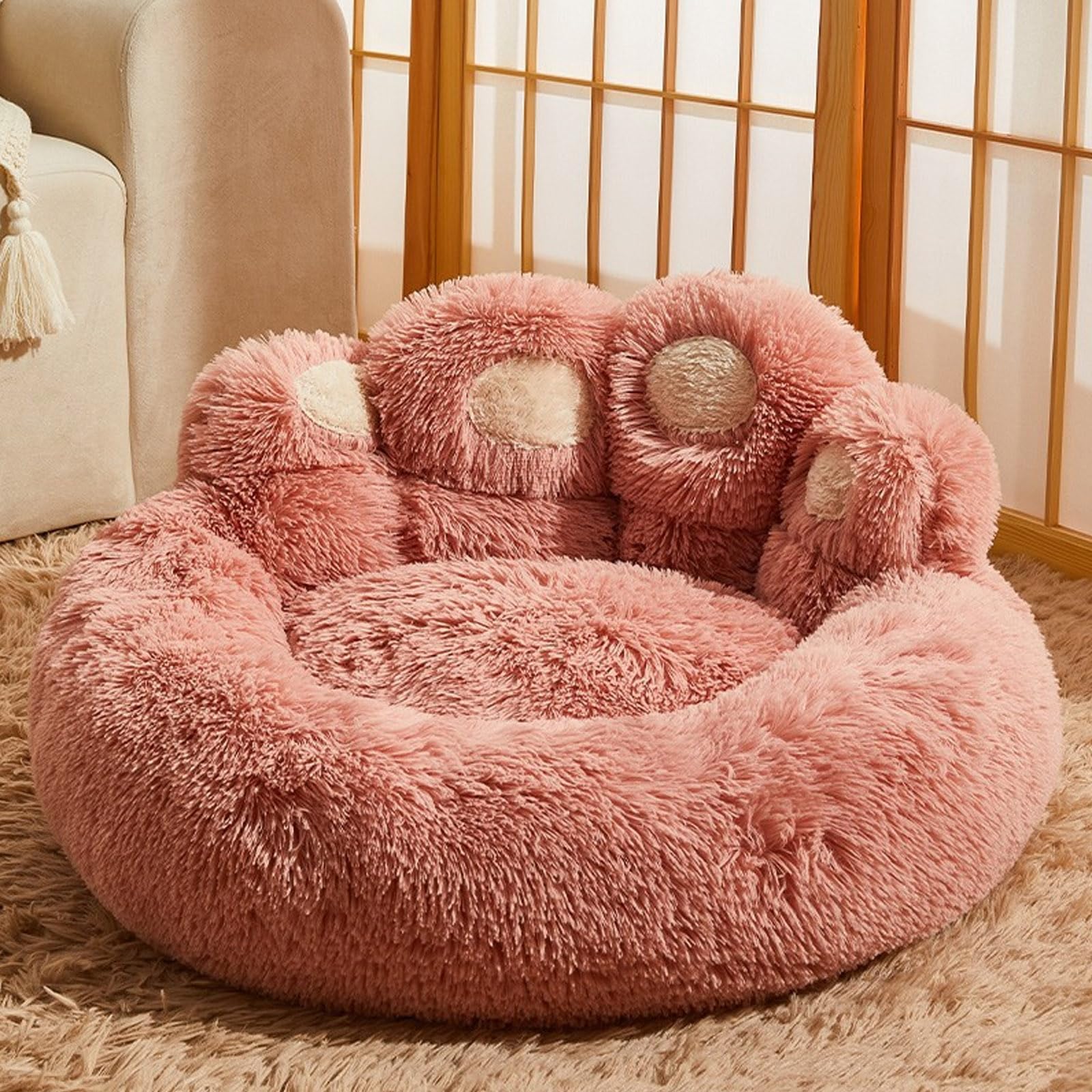 Cute Dog Kennel Mattress, Warm Pet Dog Bed, Dog Bed Cat Pet Sofa Cute Bear Paw Shape Cozy Cozy Pet Sleeping Bed, Soft Fluffy Faux Fur Cat Cushion Dog Bed for Small, Medium, And Large Dogs,Pink,XL