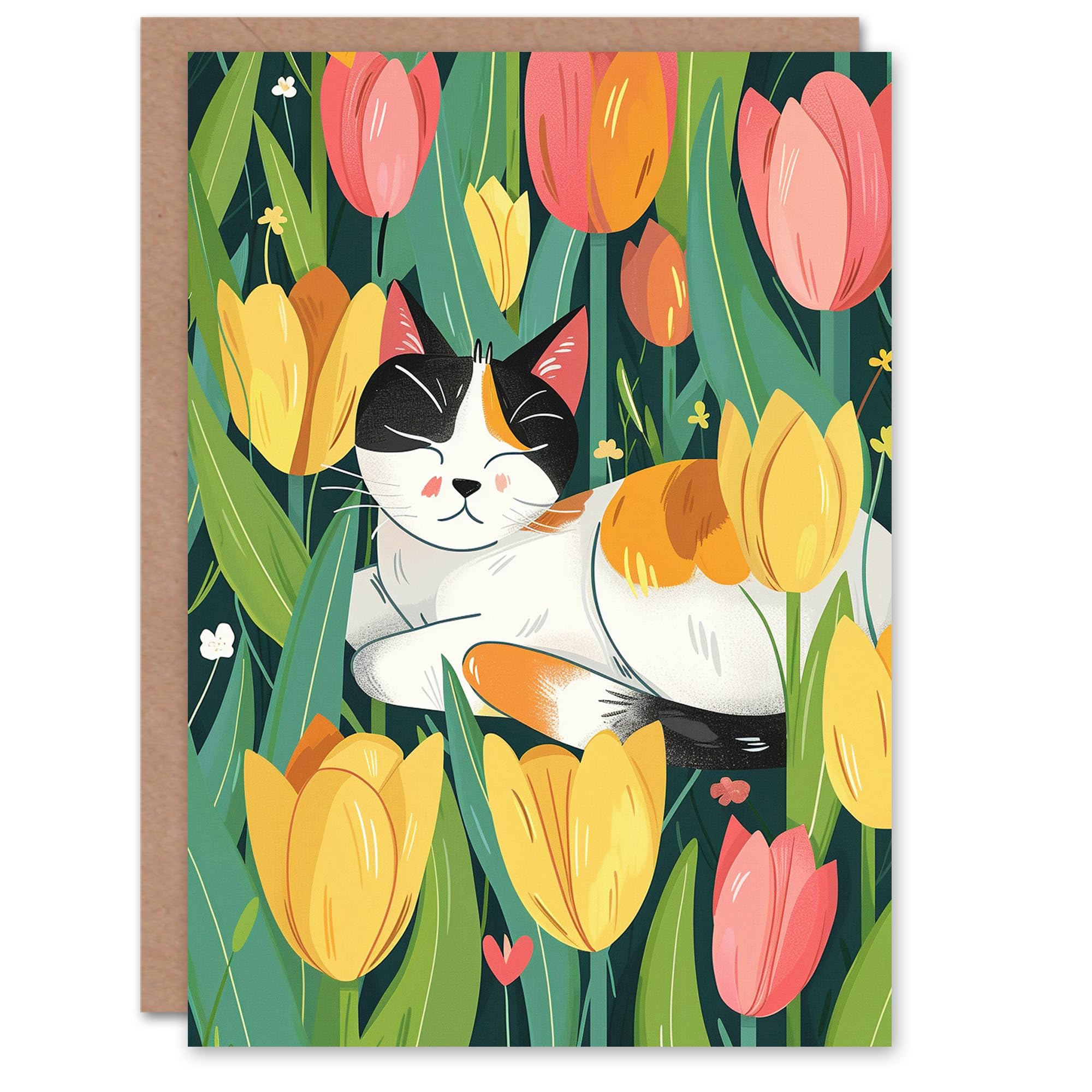 Artery8 Birthday Card Cat Lover Calico Kitty in Tulip Flower Field For Her Gran Sister Niece Daughter Wife Woman Greeting Card