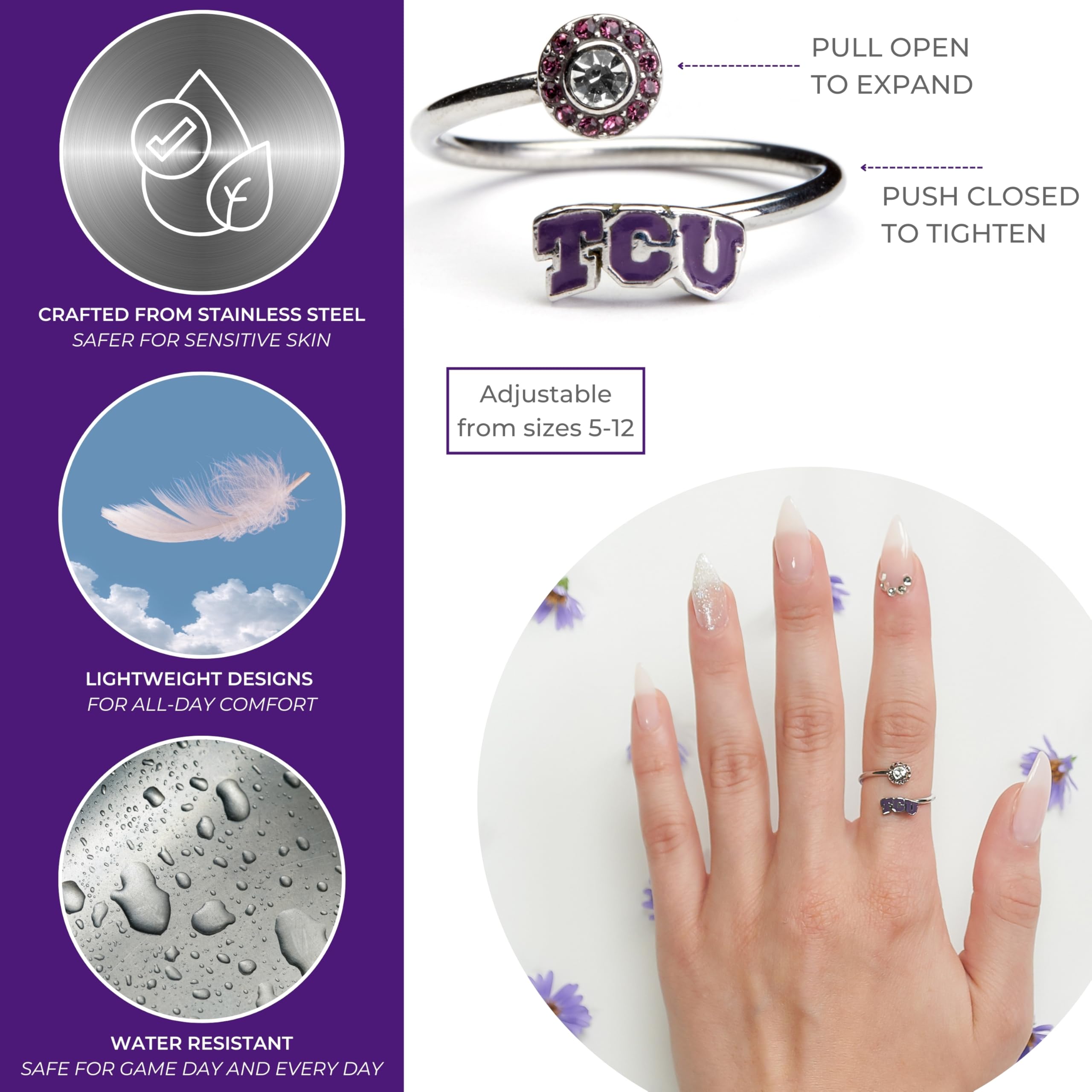 Stone Armory TCU Gifts and TCU Jewelry for Women - Purple TCU Ring with Crystals - Hypoallergenic and Adjustable Sizes 5-12 - TCU Gear for Women