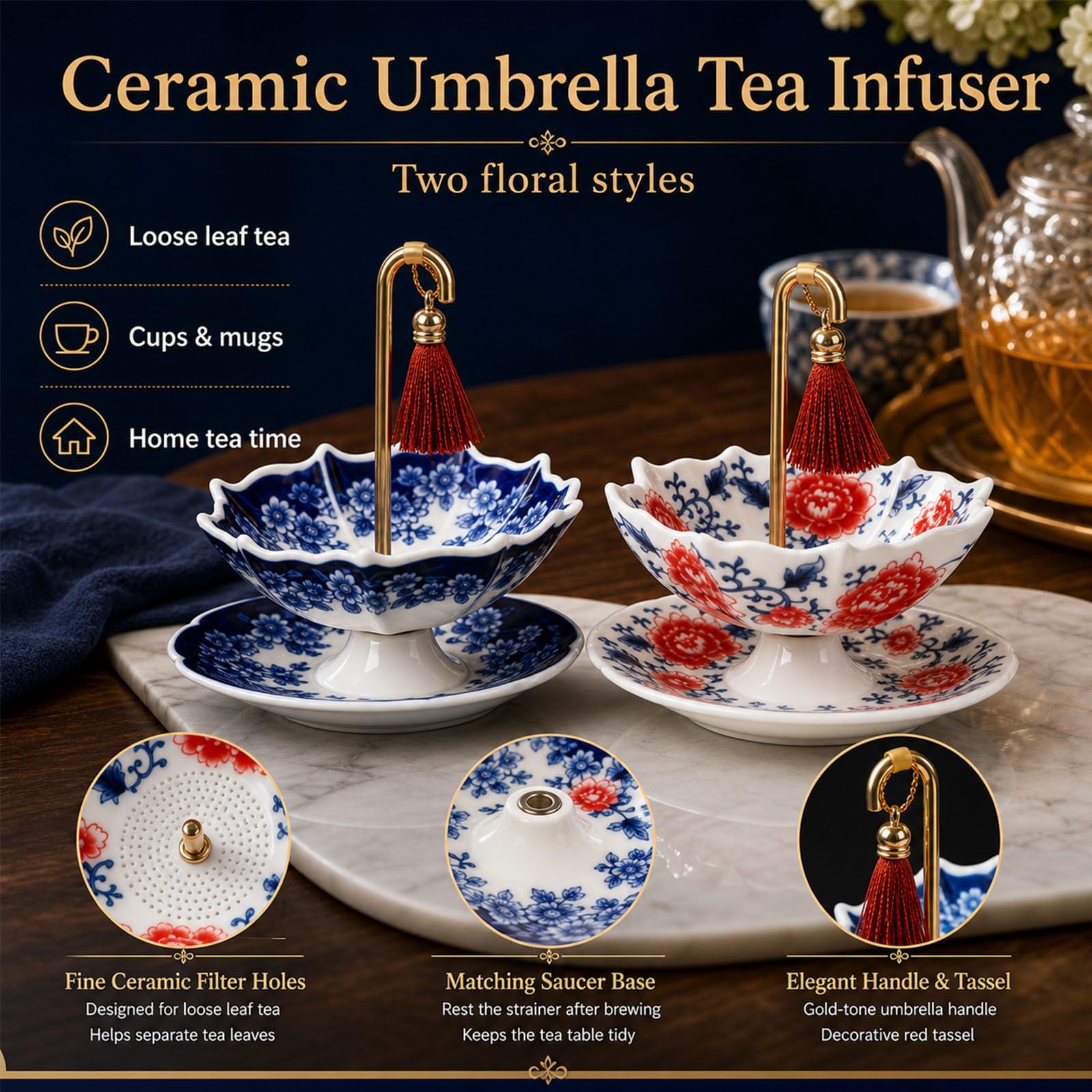 Colador de té de cerámica, infusor de té de paraguas para té de hojas sueltas, filtro de té de porcelana, bonito accesorio de té para la hora del té en casa y mesas de regalo (2 unidades-A)