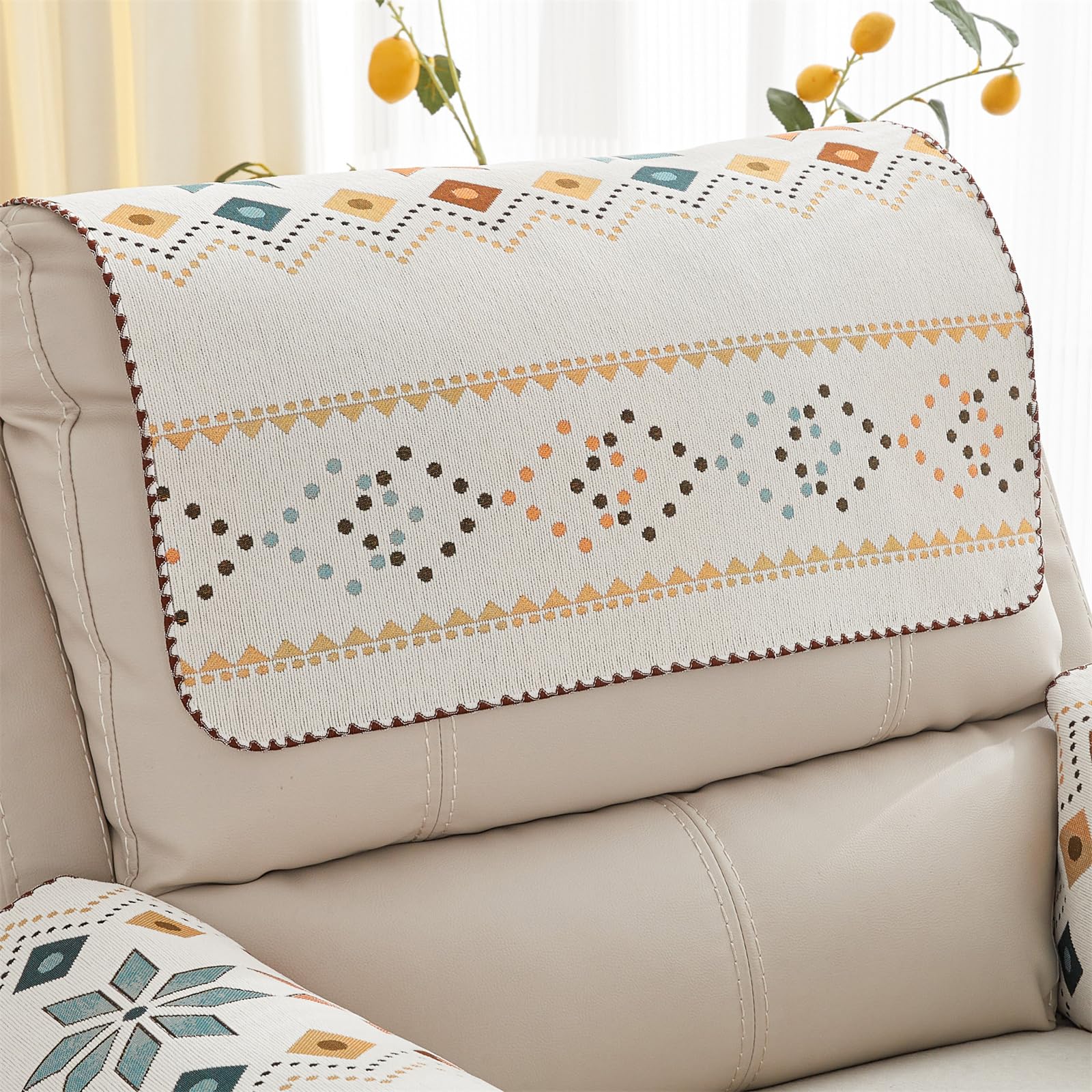 Anti-Slip Recliner Headrest Covers, Chair Head Covers Sofa Headrest Leather Protector, Plant Print Chenille Sofa Slipcover (Beige,60x60cm)