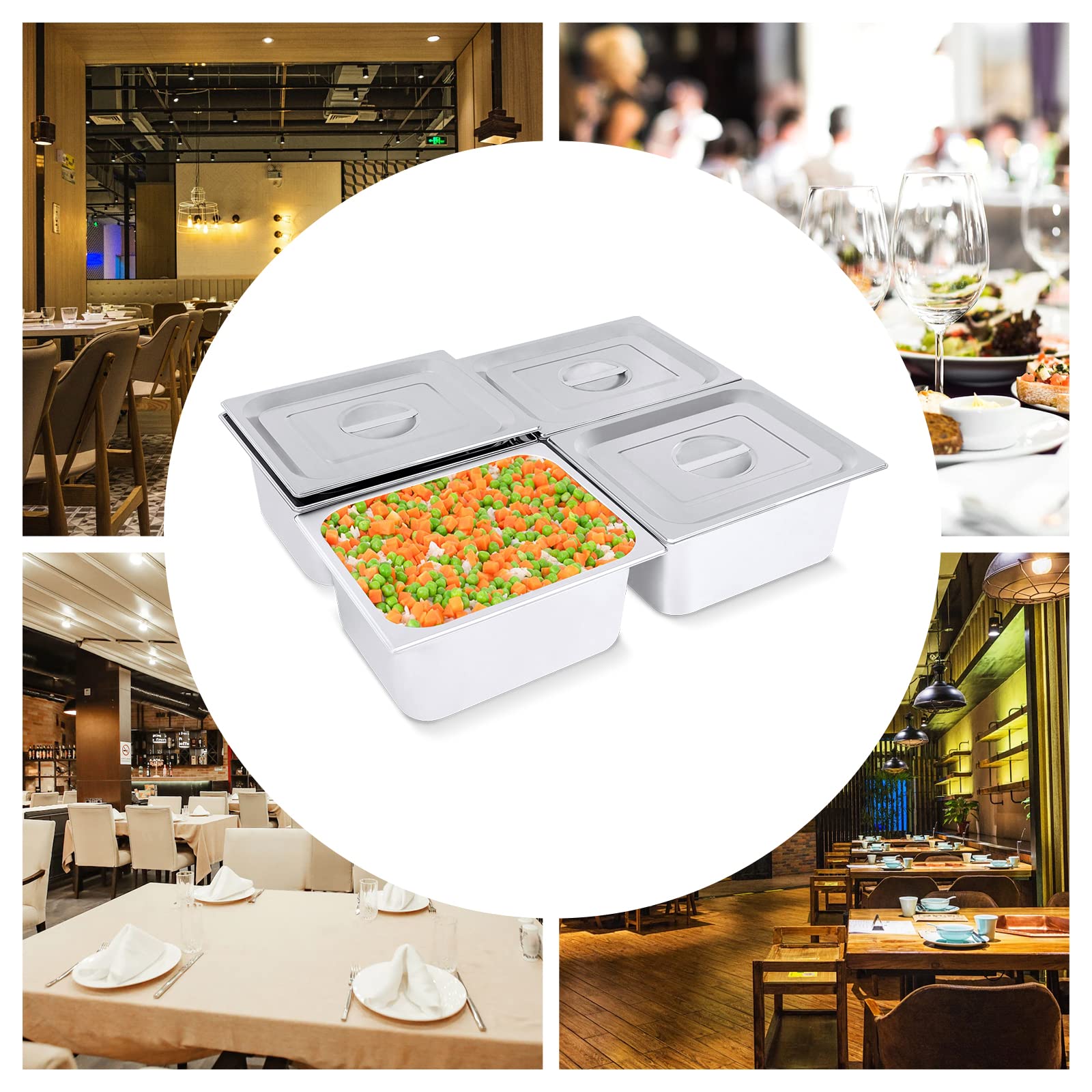 4 recipientes gastronorm, sartenes de acero inoxidable con tapa, para hotel, restaurante, fiesta, buffet, color plateado (4 x 7 L: 32,5 x 26,5 x 15 cm)