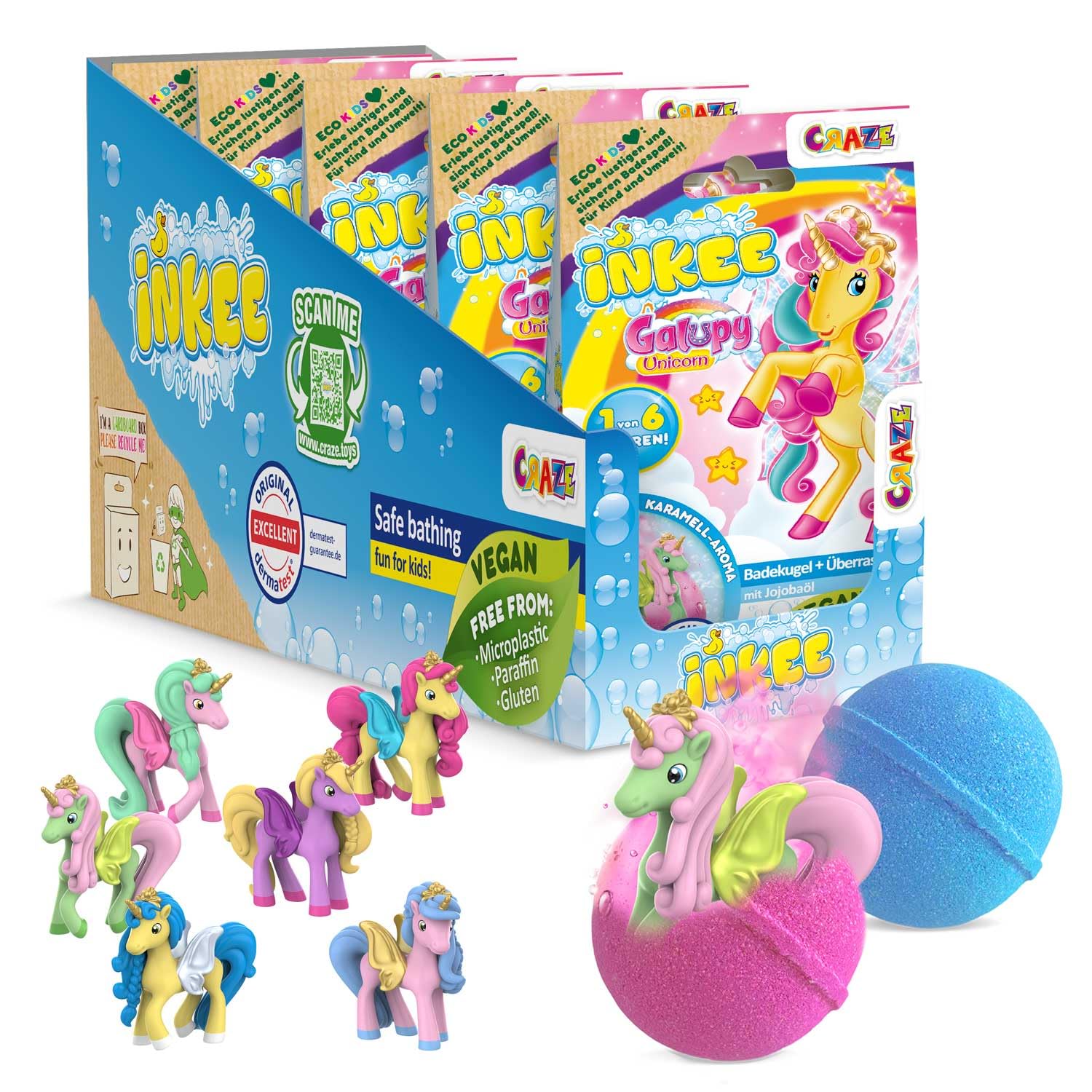 INKEE Galupy Unicorn Bath Bombs for Kids – 5 Piece Gift Set with Surprise Unicorn Toy Inside, Caramel Scent and Jojoba Oil – Bubble Bath Fizzers for Children 3+ in Display Box