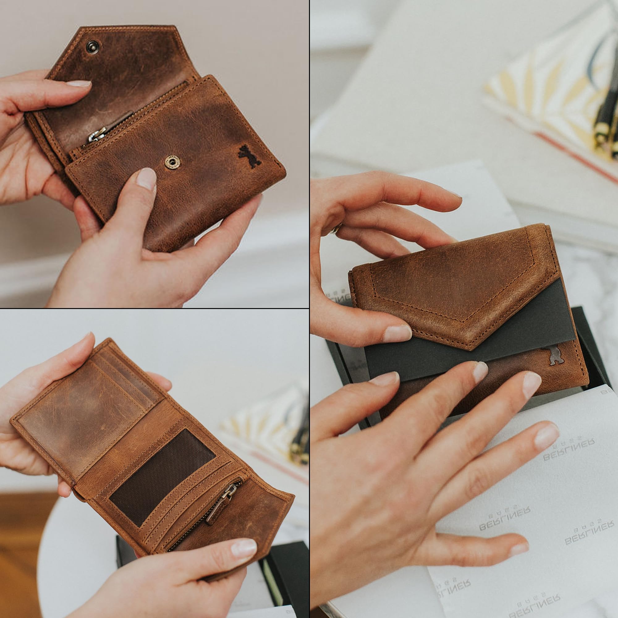 Berliner Bags Vintage Geldbörse Katy aus Leder, Stilvolles Dreifach-Portemonnaie klein mit RFID-Schutz, 7 Kartenfächern und abnehmbarem Münzfach für Damen - Braun